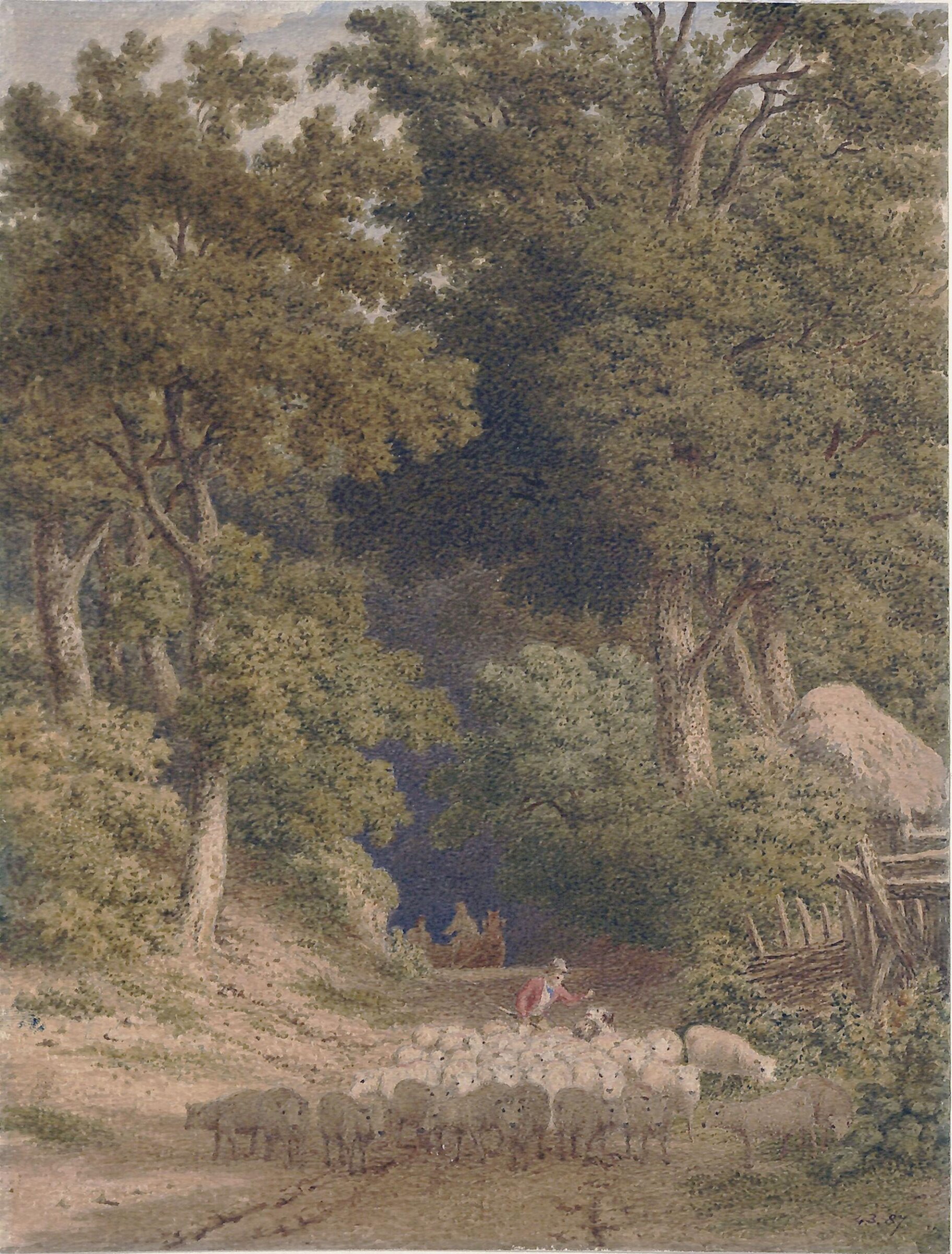 Country road leading from a wood, man driving a flock of sheep, Robert Hills, ca. 1790-1844