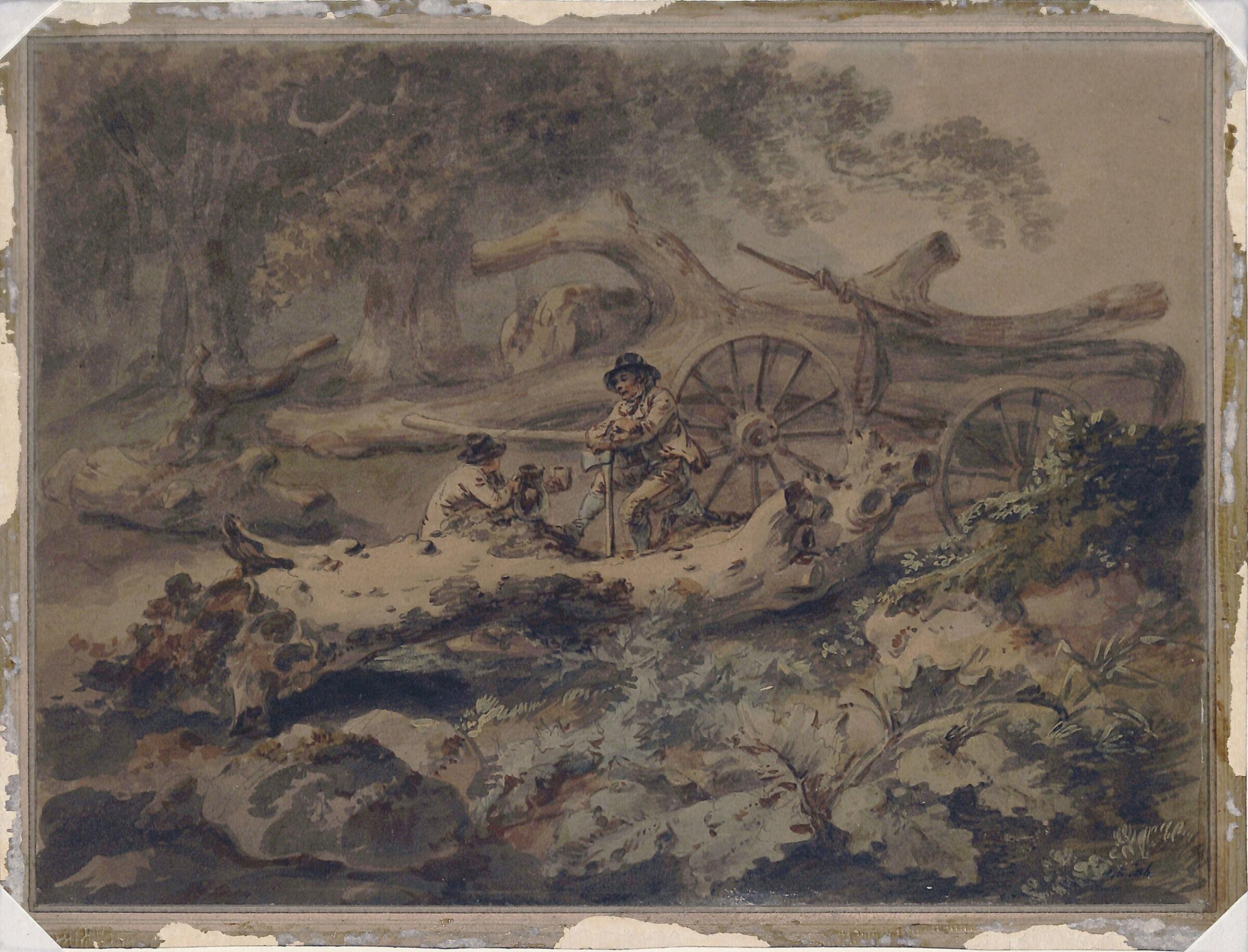 Landscape with timber wagon and wood cutters resting, the elder Julius Caesar Ibbetson, 1775-1815