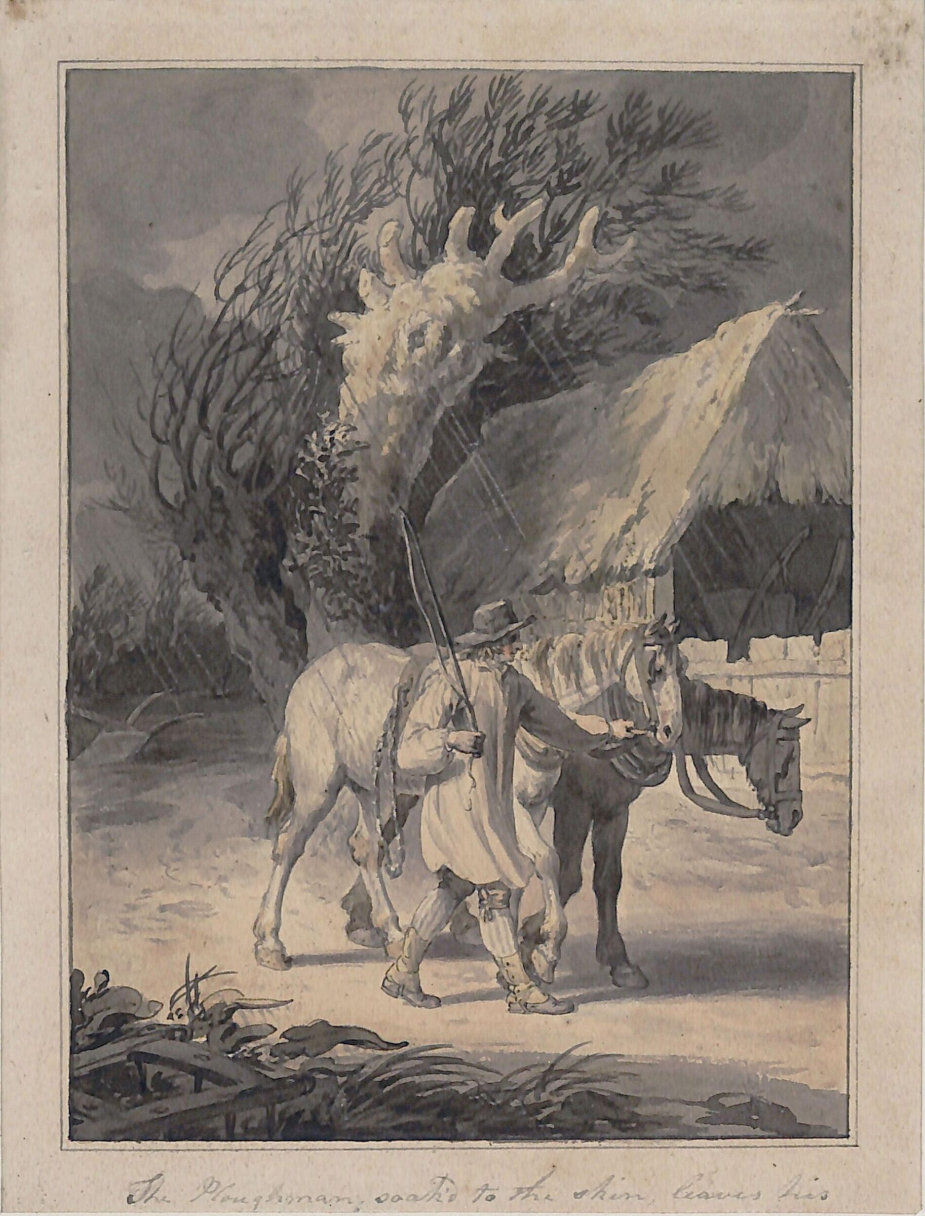 Ploughman leading his horses home in rain, the elder Julius Caesar Ibbetson, ca. 1770-1810
