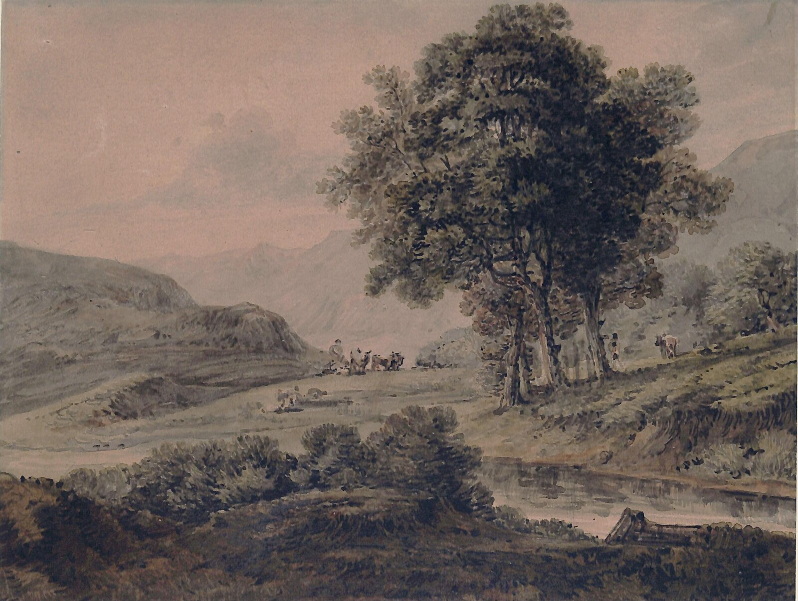 Landscape with stream, cattle and figures, the elder Julius Caesar Ibbetson, ca. 1770-1810