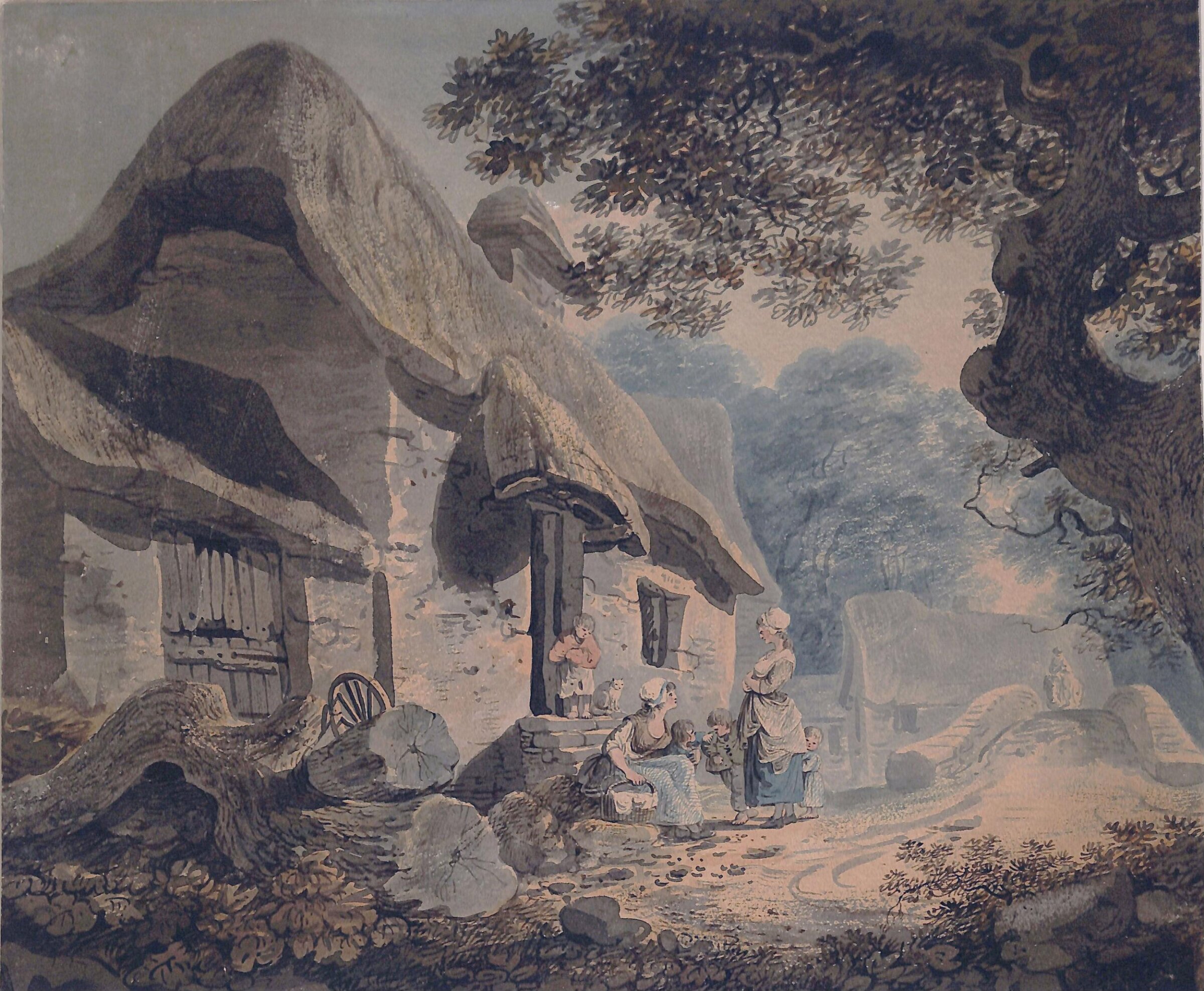 Thatched farm buildings with figures, William Payne, early 19th century