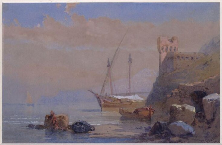 A Mediterranean coast scene with boats at anchor and a ruined castle top image