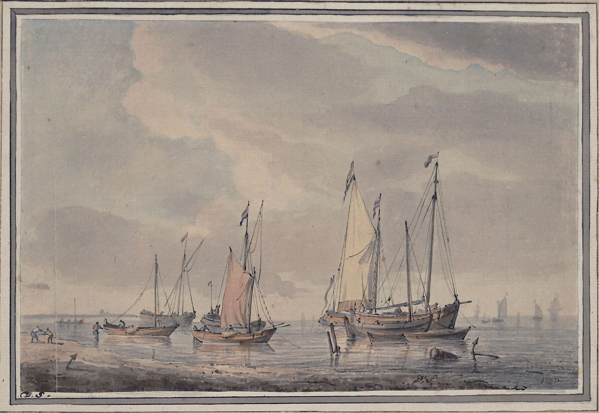 Seashore with fishing vessels at anchor, Dominic Serres, 1782