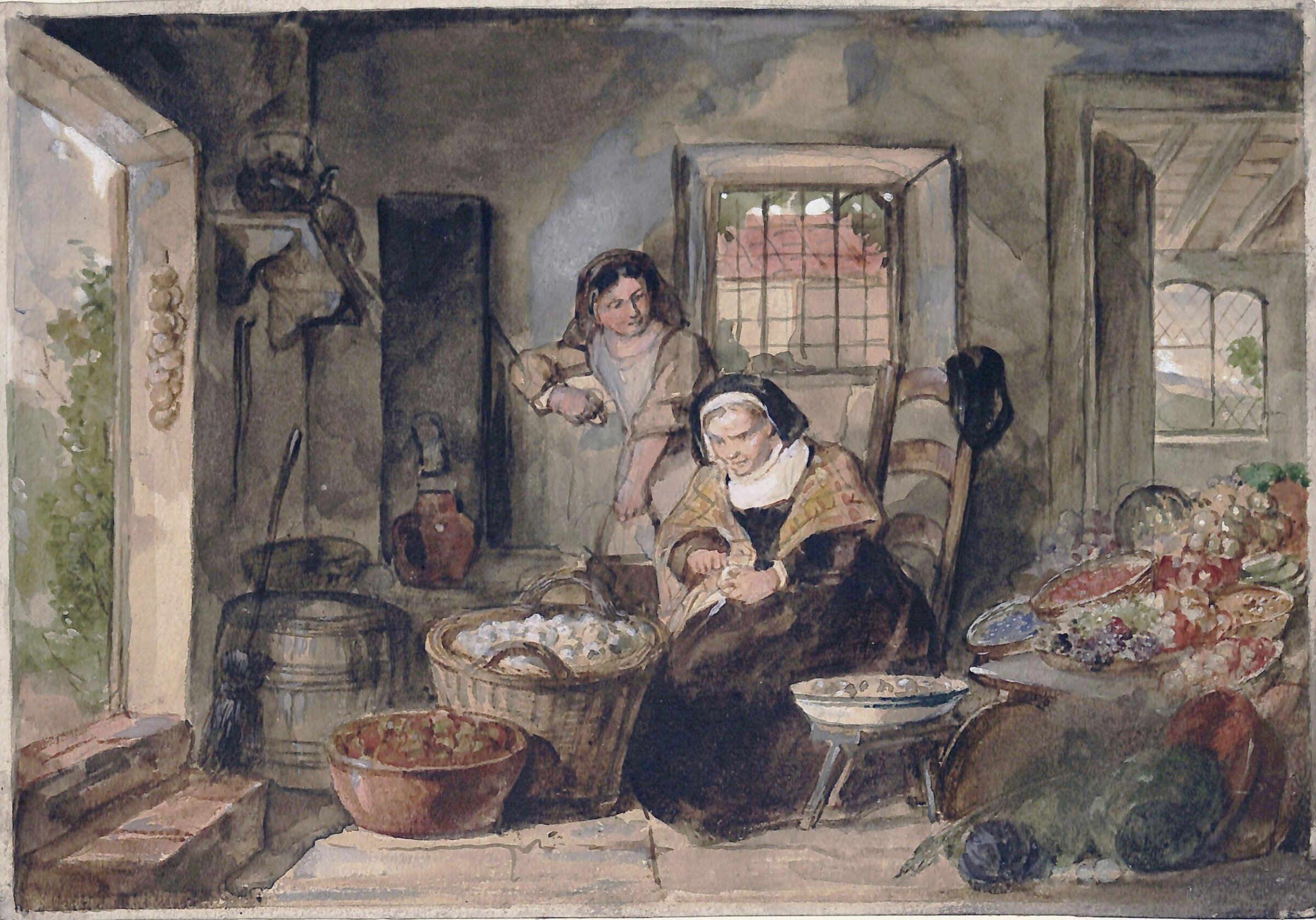 Interior of fruit seller's cottage with two female figures, Stephanoff, ca. 1805-60