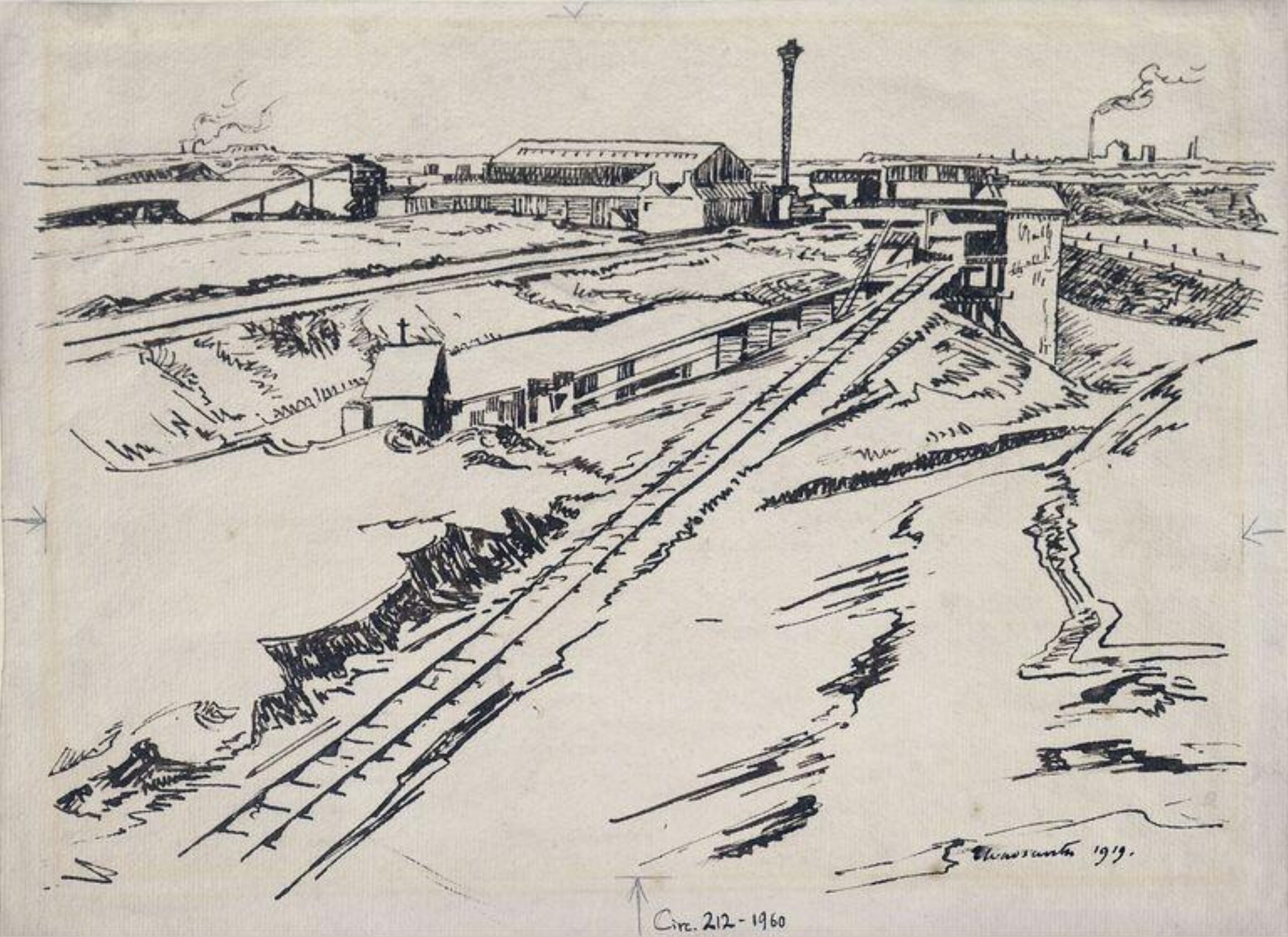 Industrial landscape with railway and factories, Edward Wadsworth, 1919