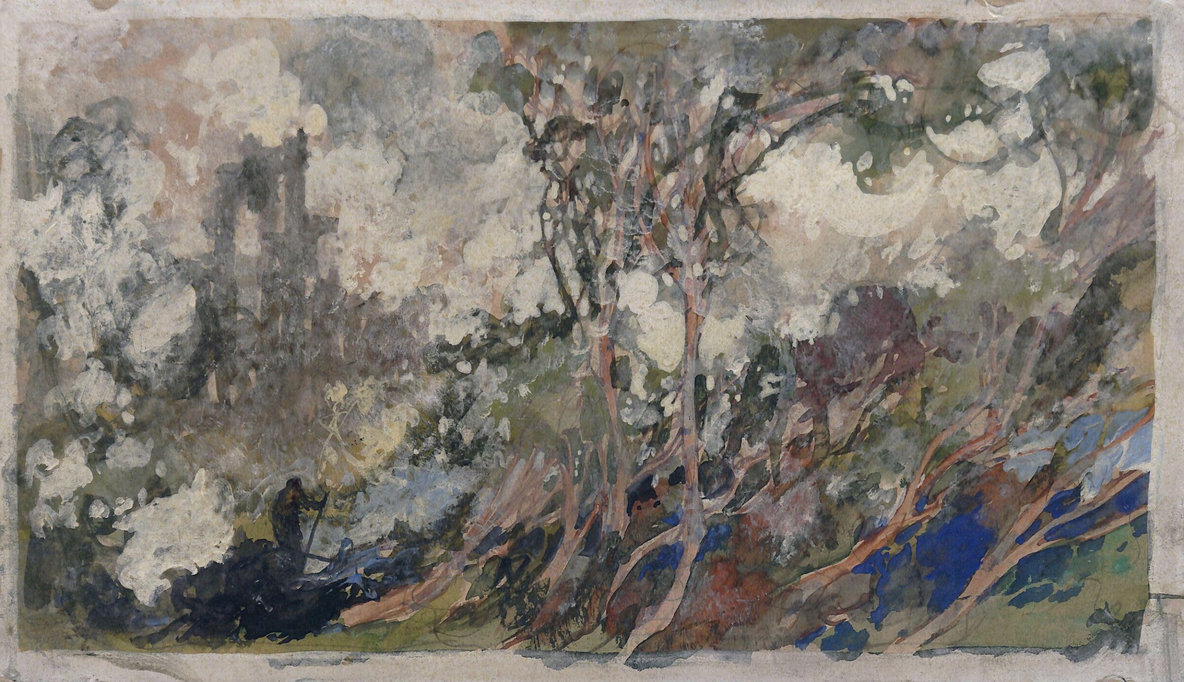 Wood-burner in a forest before a palace, Charles Robinson, ca. 1930-7