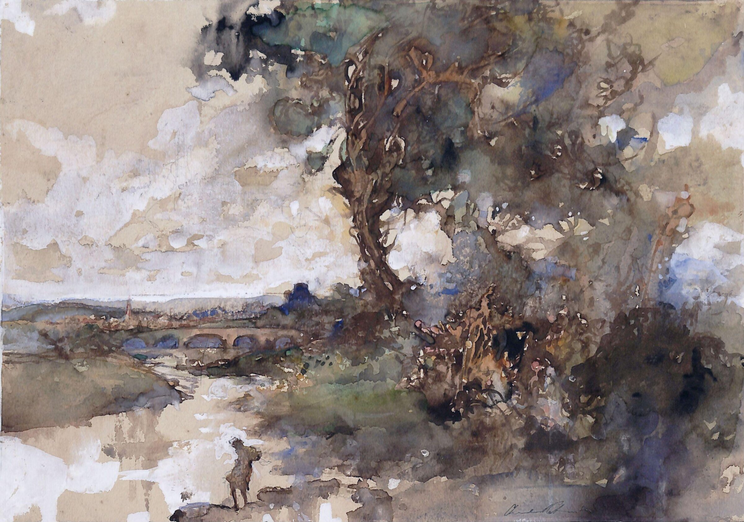 Figure by a river with a distant view of bridges and a town, Charles Robinson, ca. 1930-7