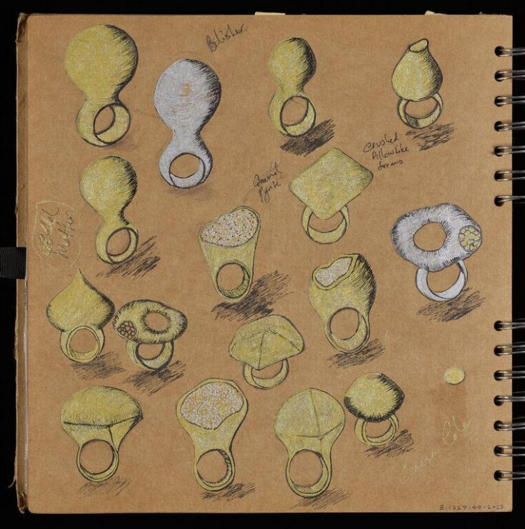 Sketchbook of jewellery designs for the Vulcan, Erosion and Parasites series by Emefa Cole, 2011-2012 top image