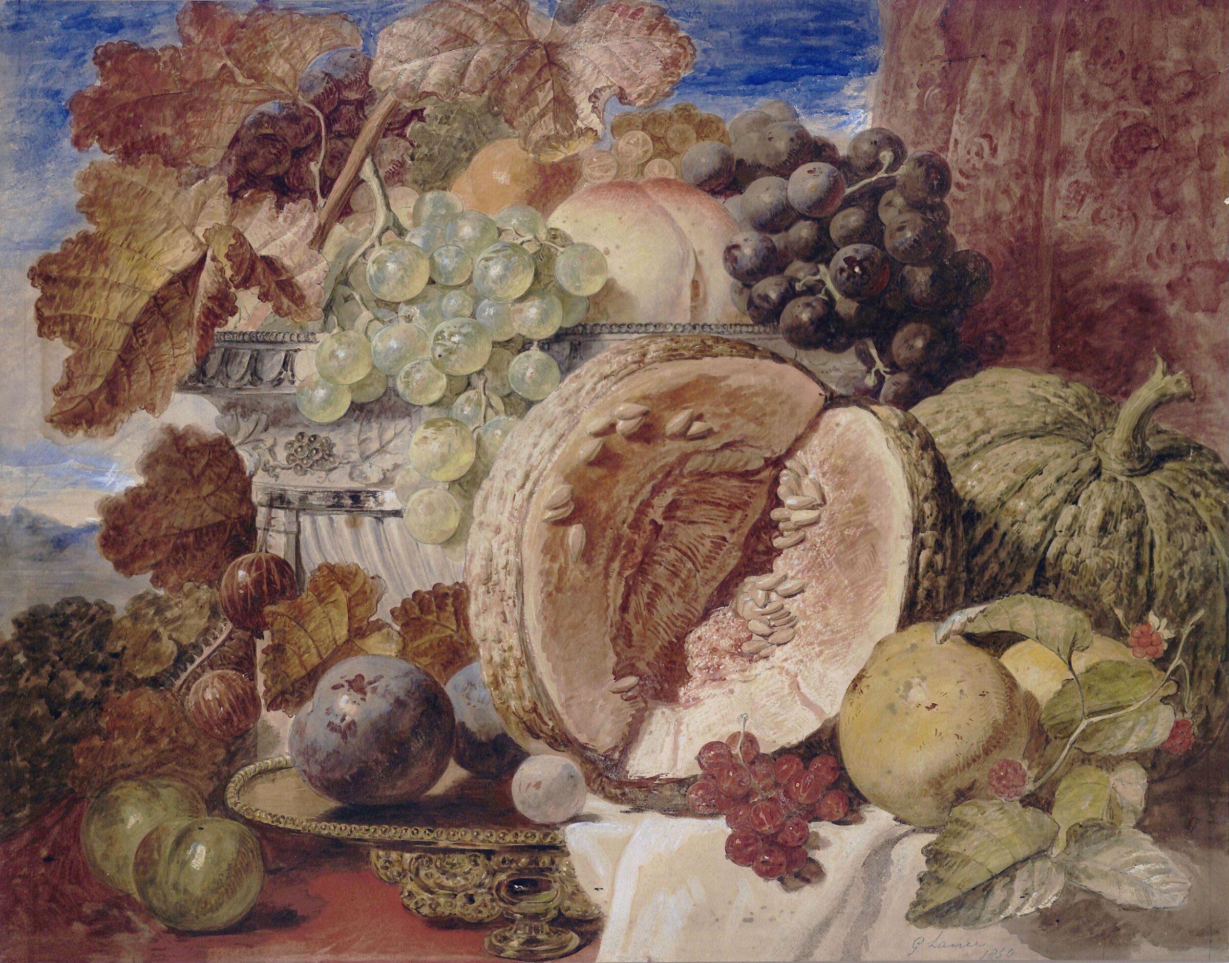 Still life with melons, grapes and other fruit, George Lance, 1850