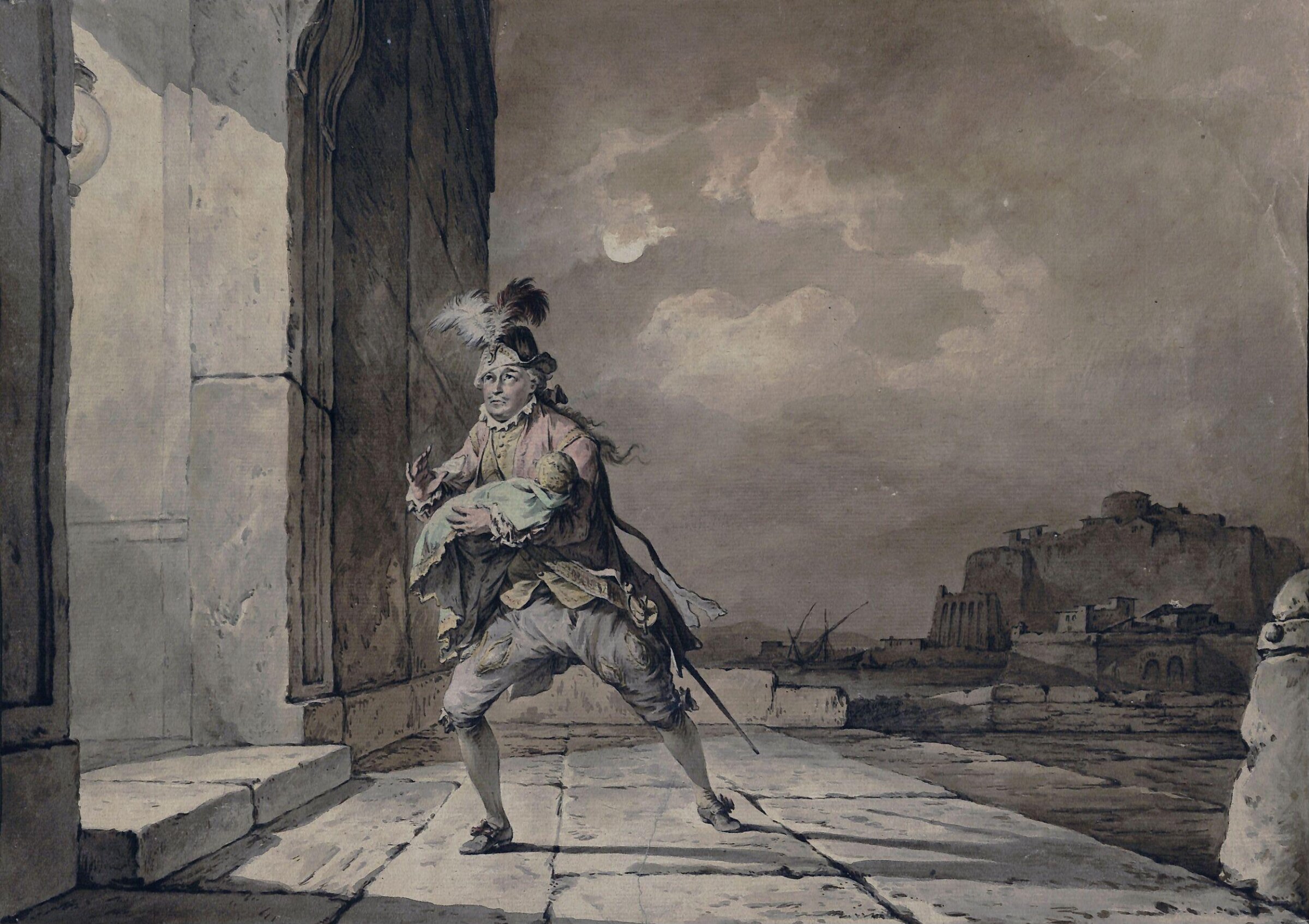 David Garrick as Don John in his adaptation of 'The Chances' by Beaumont and Fletcher, Act 1, Scene 2, with a view intended to be Naples in the background, Philip James de Loutherbourg, 1774