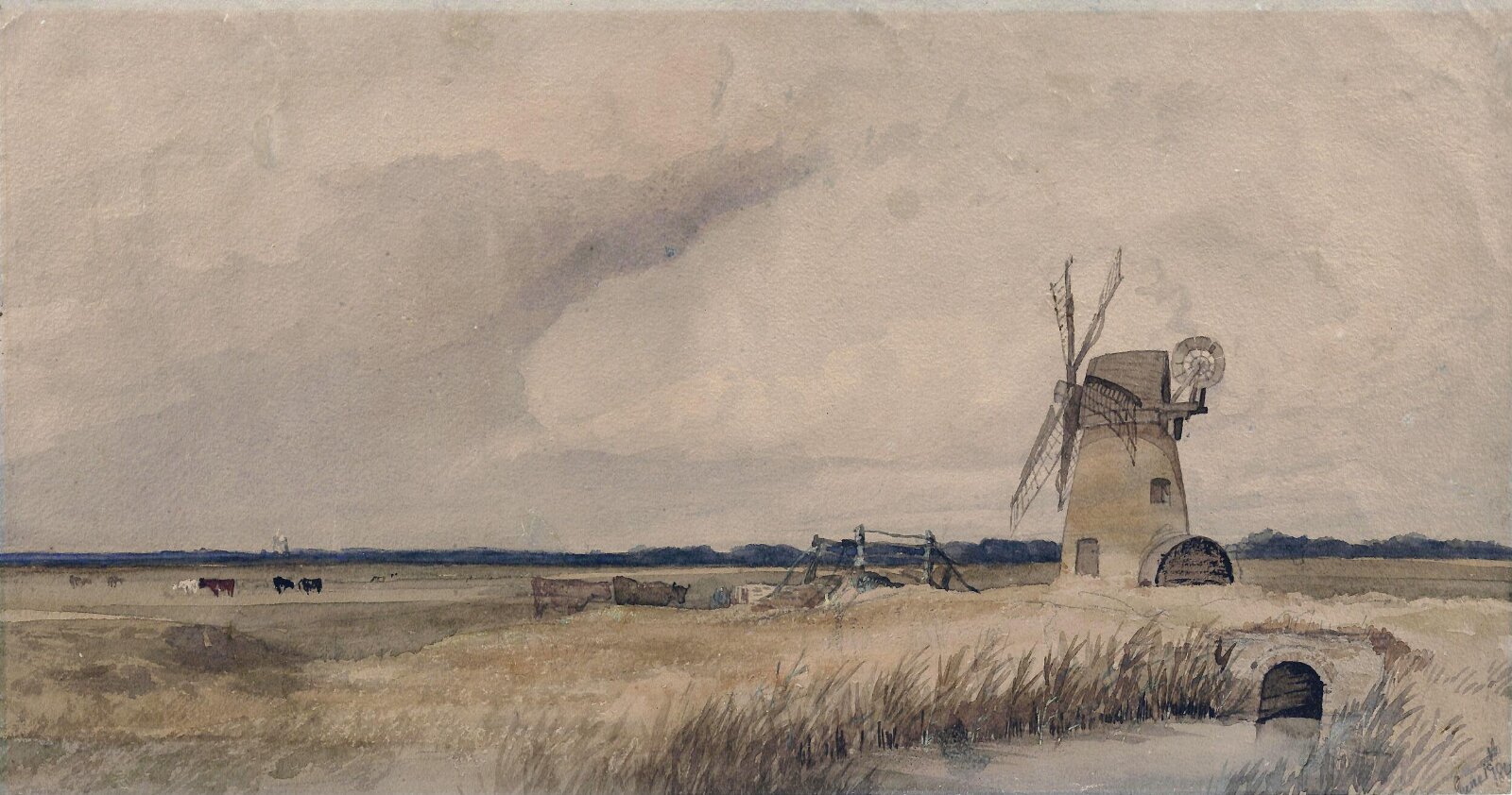Landscape with windmill, stream and cattle, John Joseph Cotman, 1840s