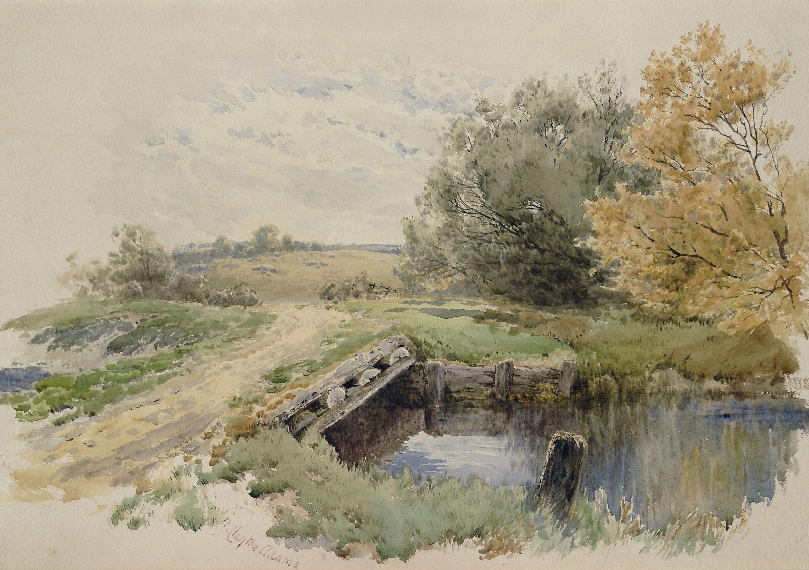Landscape with bridge over stream, John Clayton Adams, late 19th century