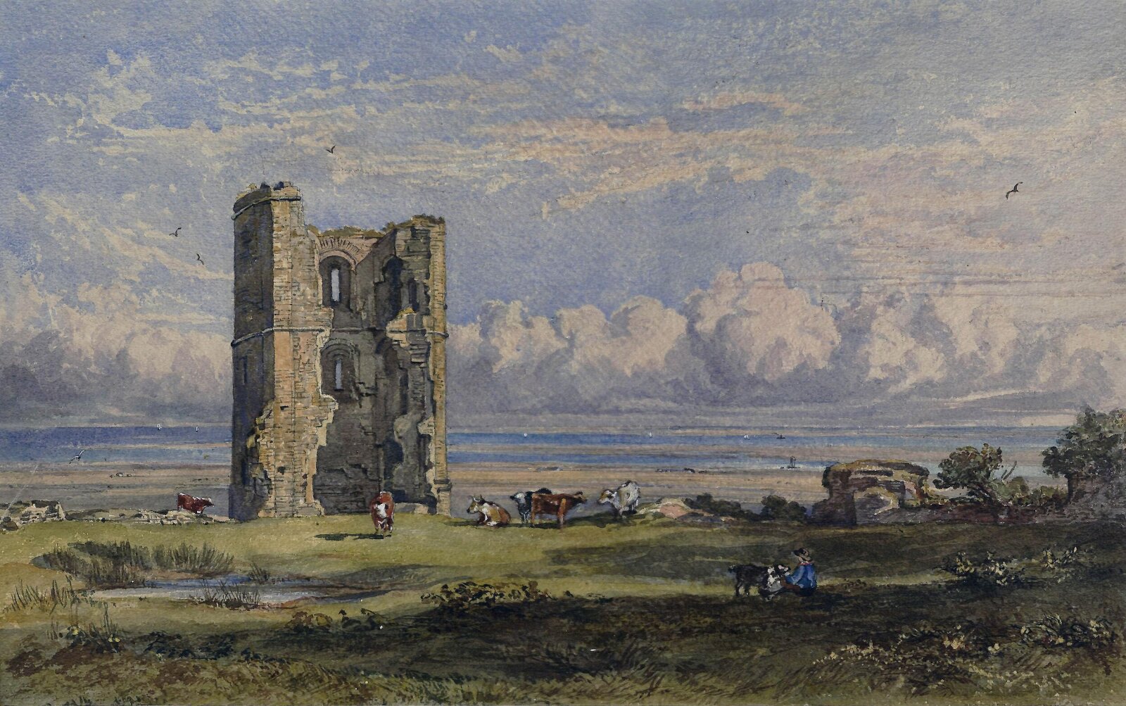 Coastal scene with tower and cows, mid 19th century