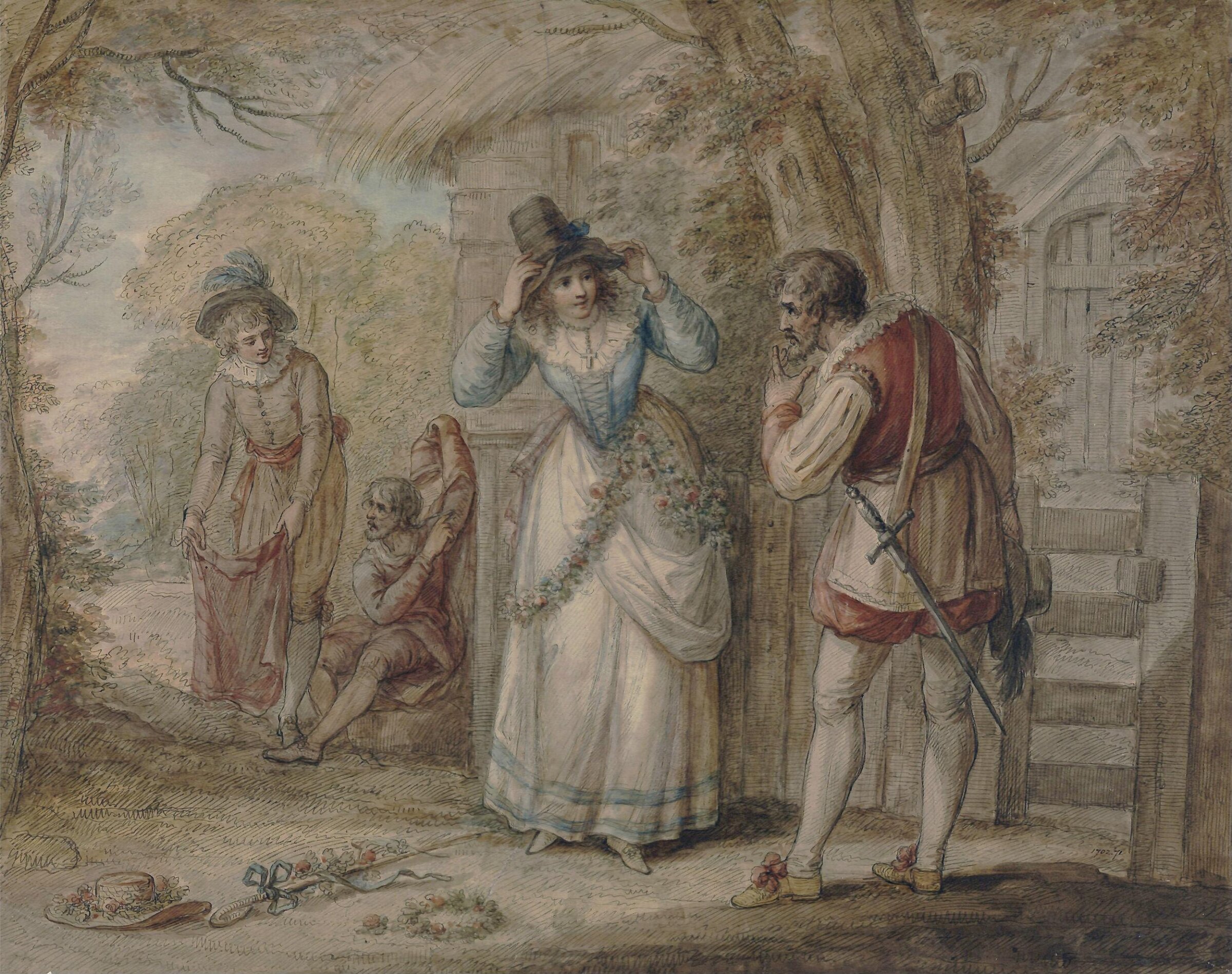 Florizel and Autolycus changing garments, Henry William Bunbury, ca. 1770-1810