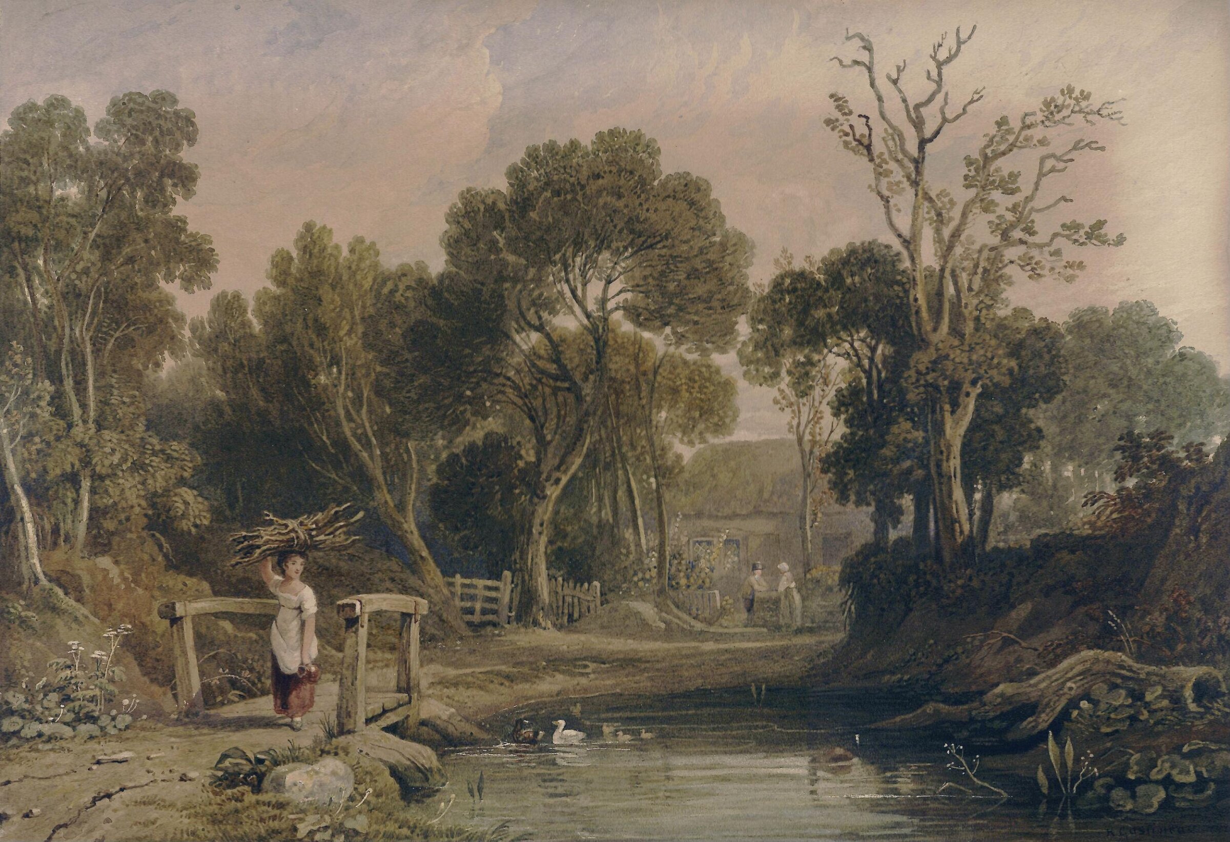 Landscape with a pond and country folk outside a cottage, Henry Gastineau, 1826
