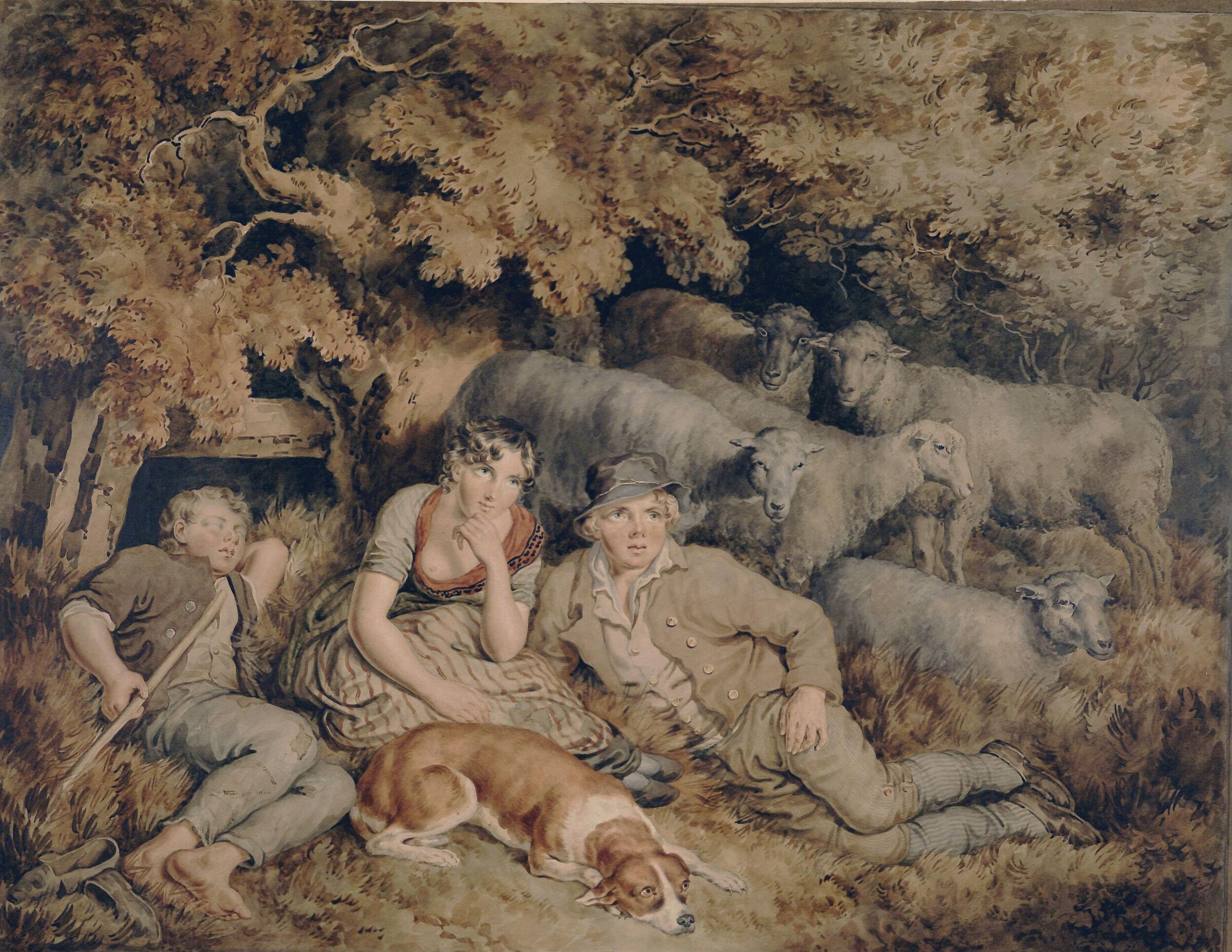 Noontide: three children with sheep, George Grattan, 1st quarter 19th century