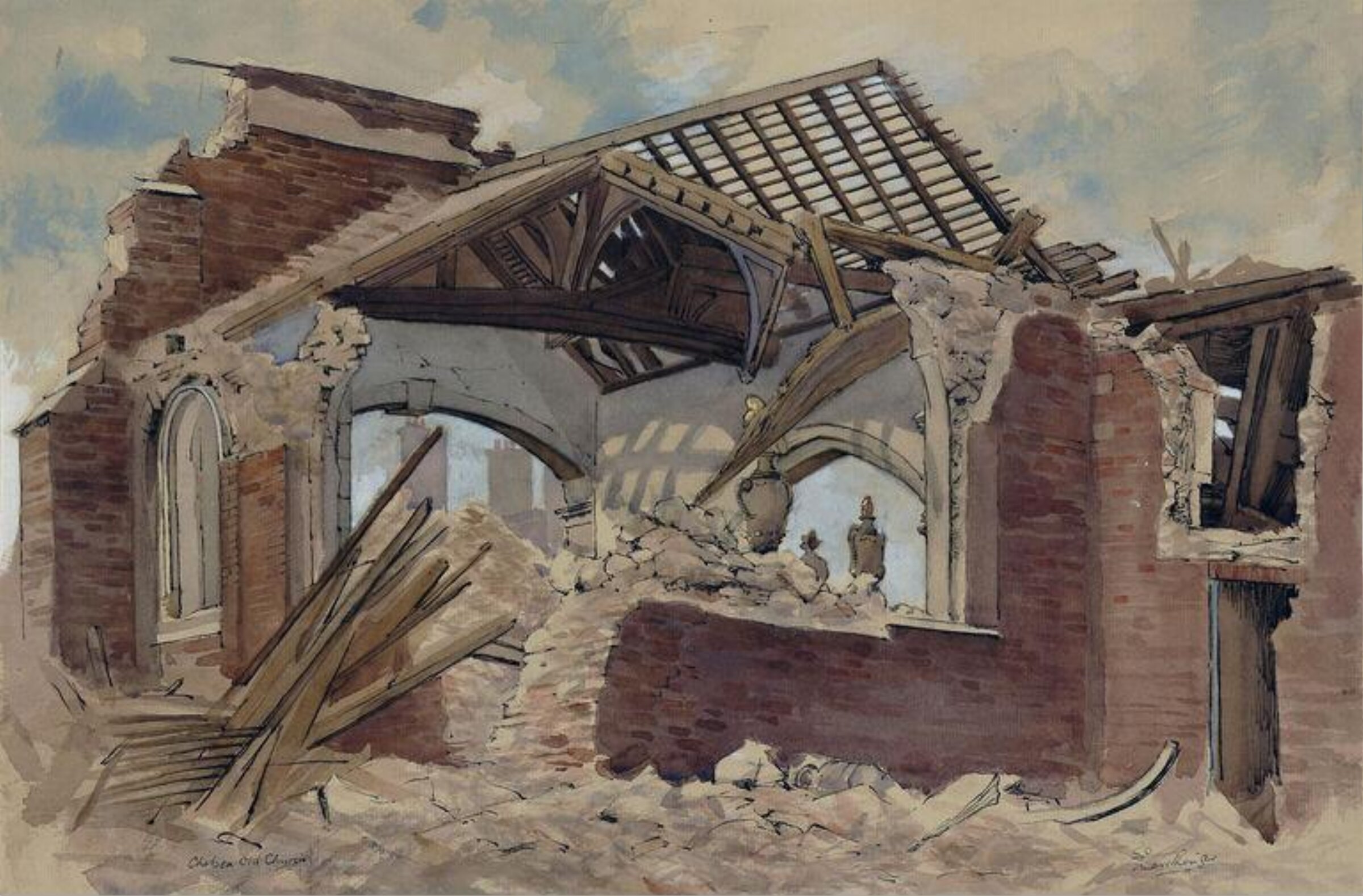 Chelsea Old Church, after destruction by a German bomb in an air raid on the night of 16th/17th April 1941, Ernest Thesiger, late April 1941