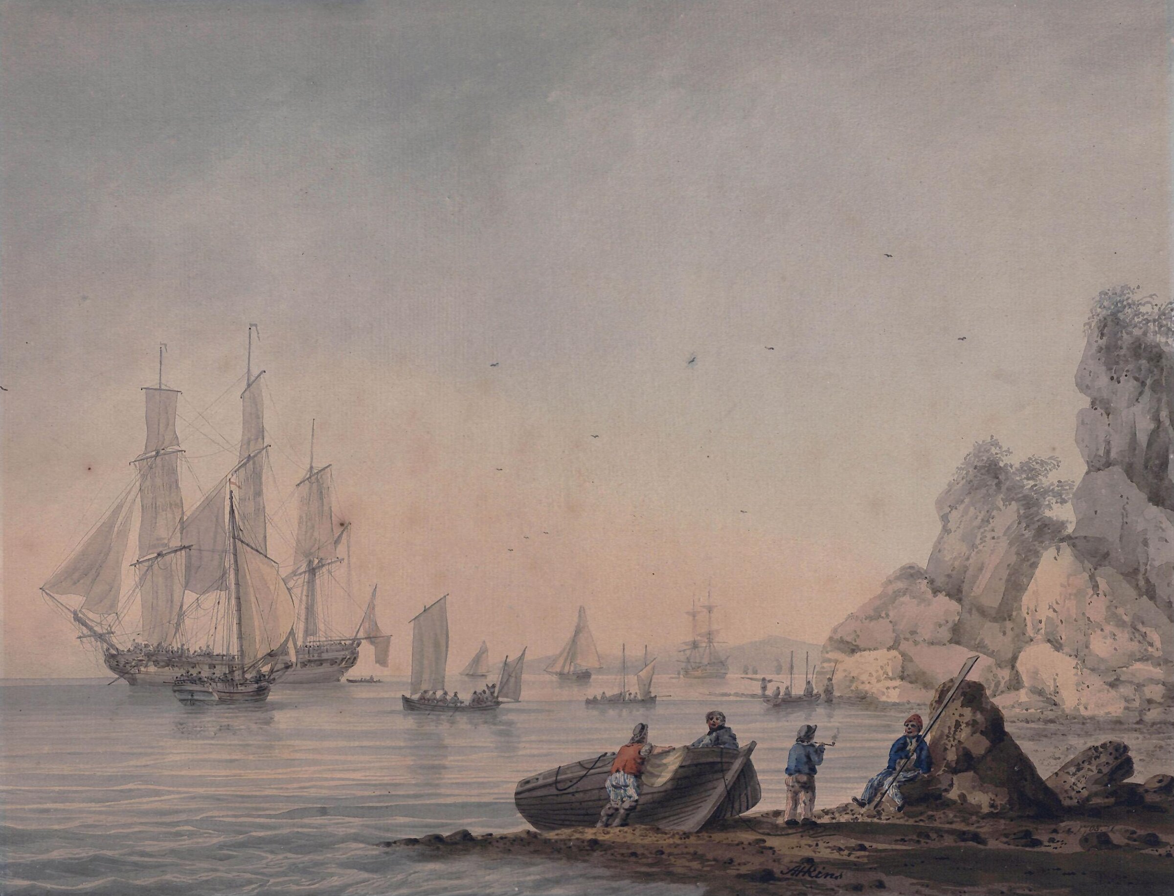 Marine View, with boats and figures on shore, Samuel Atkins, ca. 1787-1808