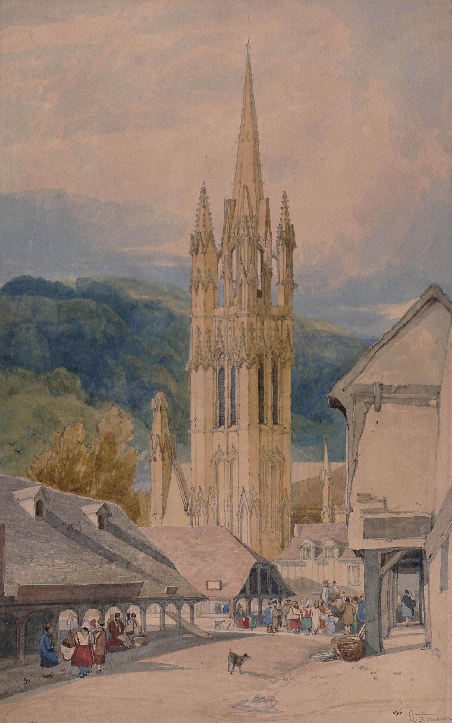 Market Place and Church Spire, Normandy, John Sell Cotman, early 19th century