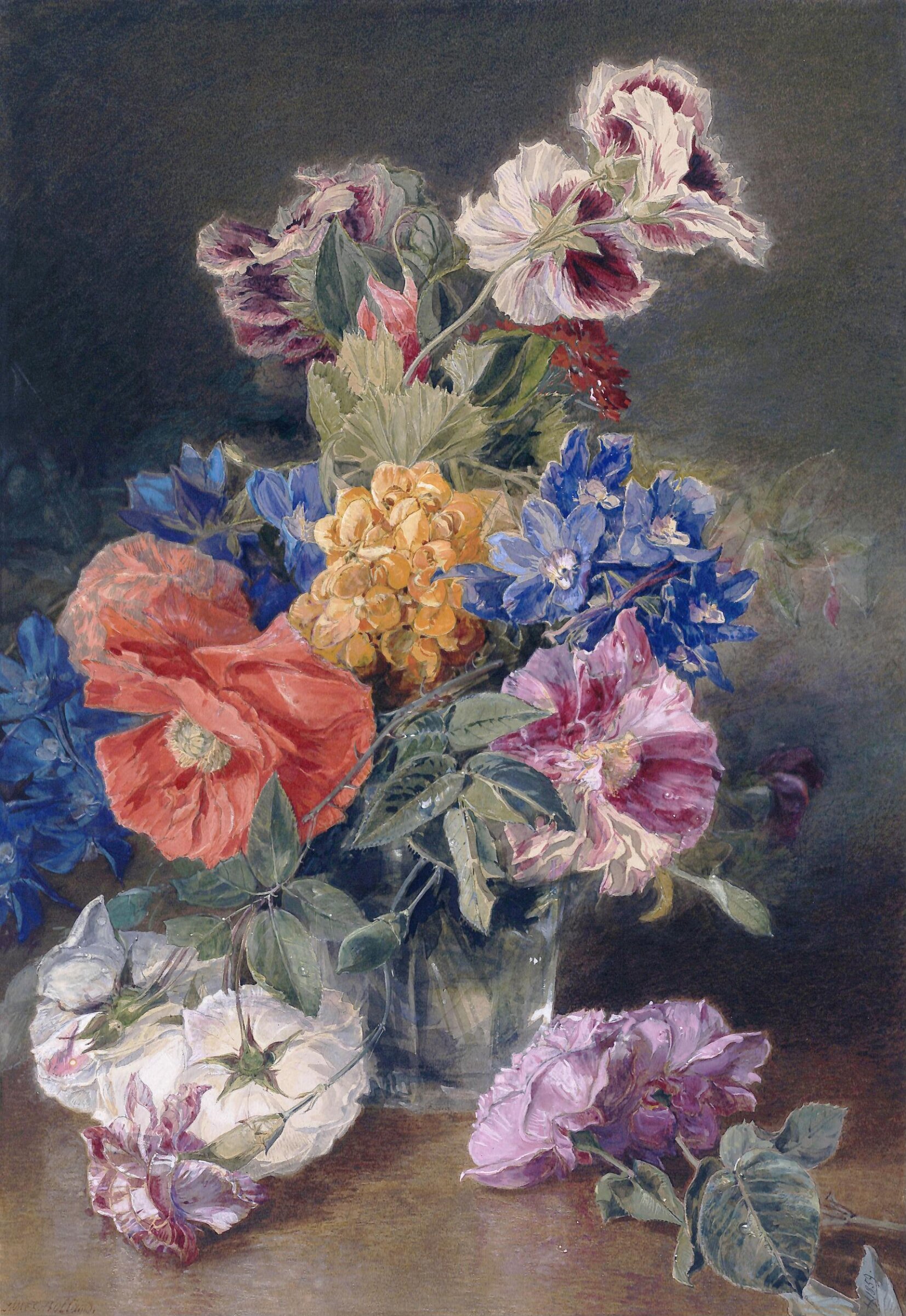 Roses, Poppy, Pelargonia, Delphinium and Calceolarias in a Glass Vase, James Holland, 1859