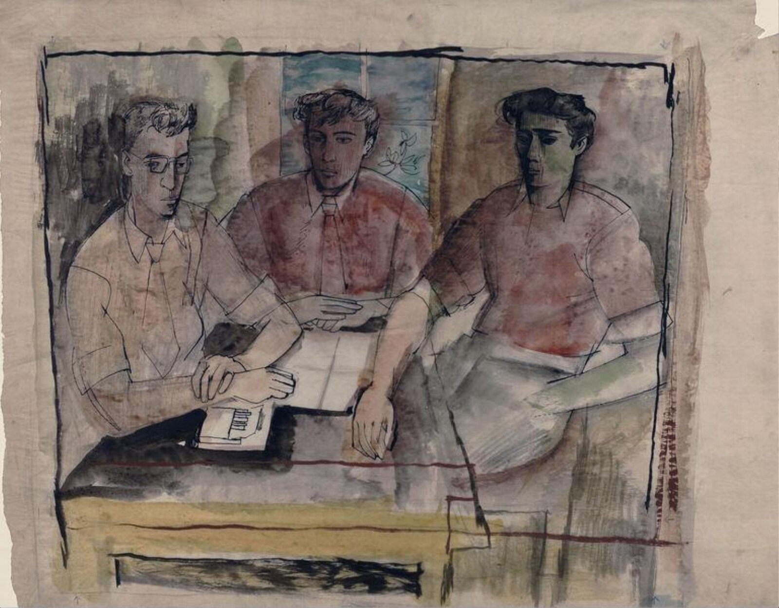 Three men seated at a table, John Minton, ca. 1940-1957