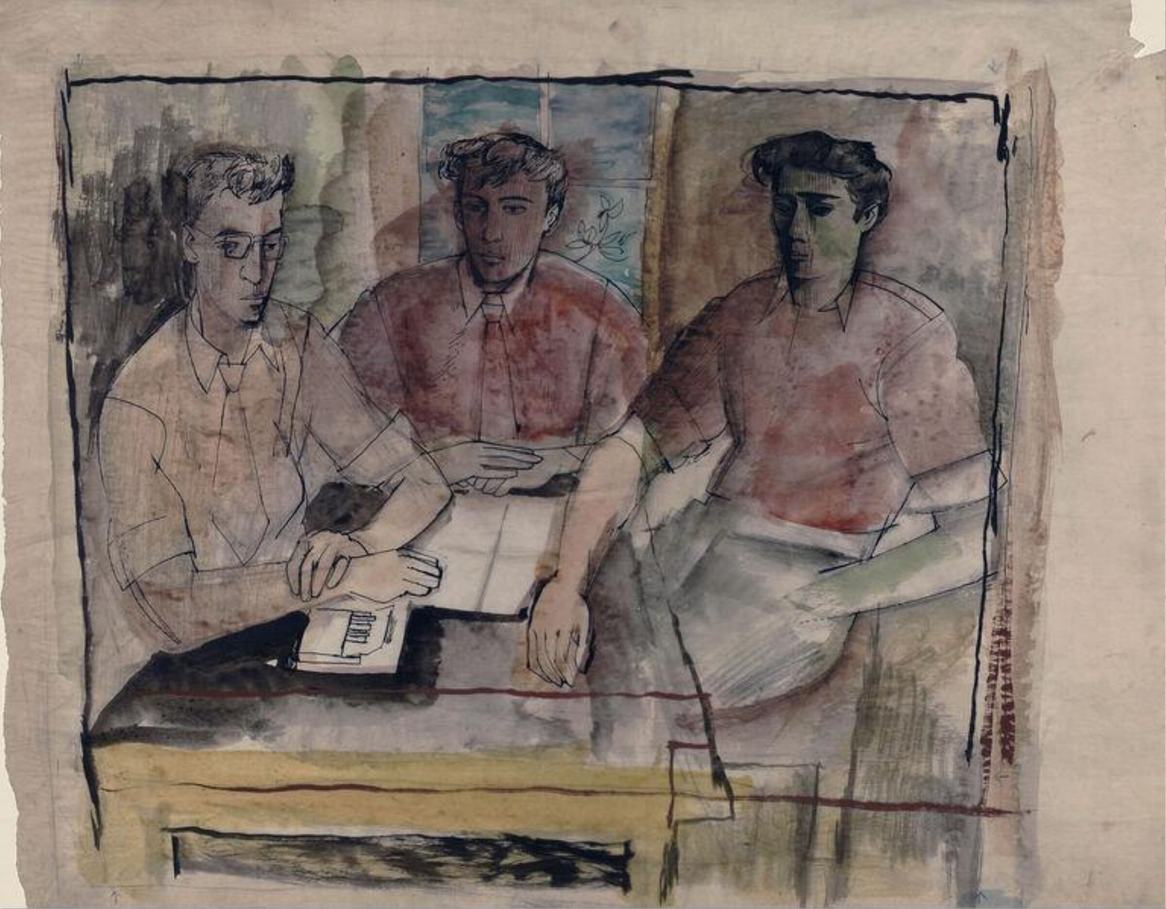 Three men seated at a table, John Minton, ca. 1940-1957