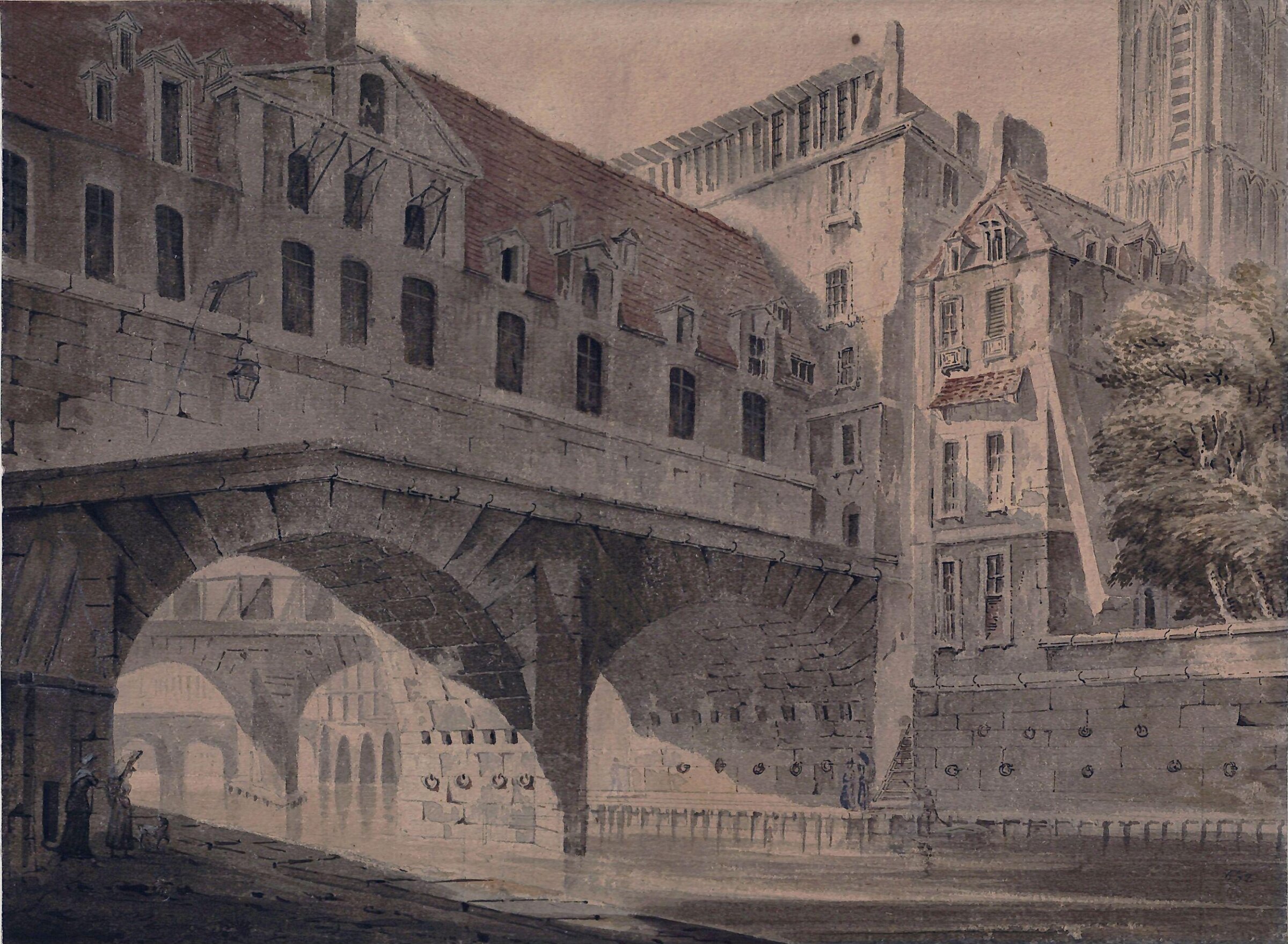 The Pont de l'Hotel Dieu and the South Tower of Notre Dame, Paris, John Claude Nattes, ca. 1780-1820