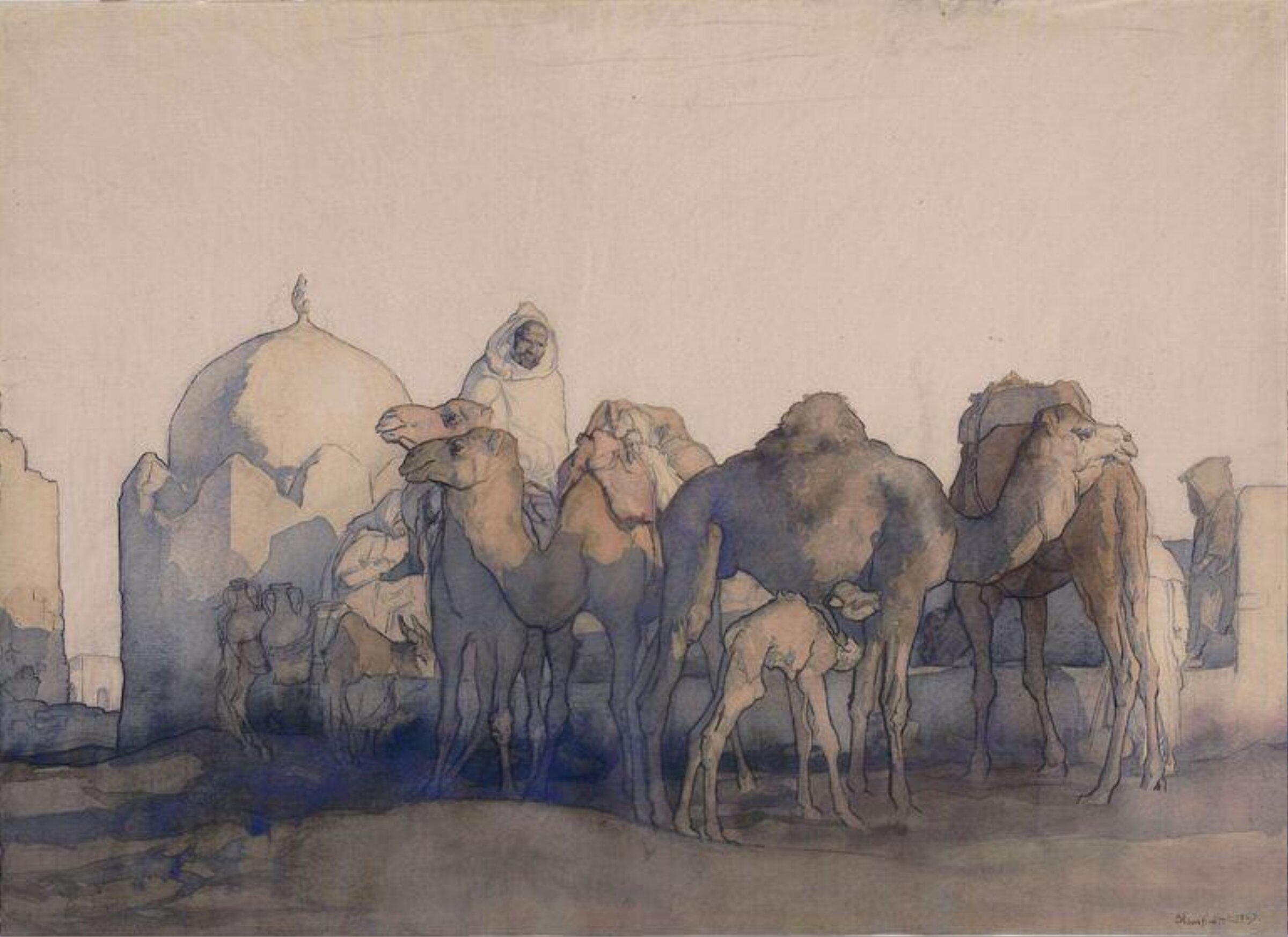 Camels at a well, Tunisia, Edmund Blampied, 1927