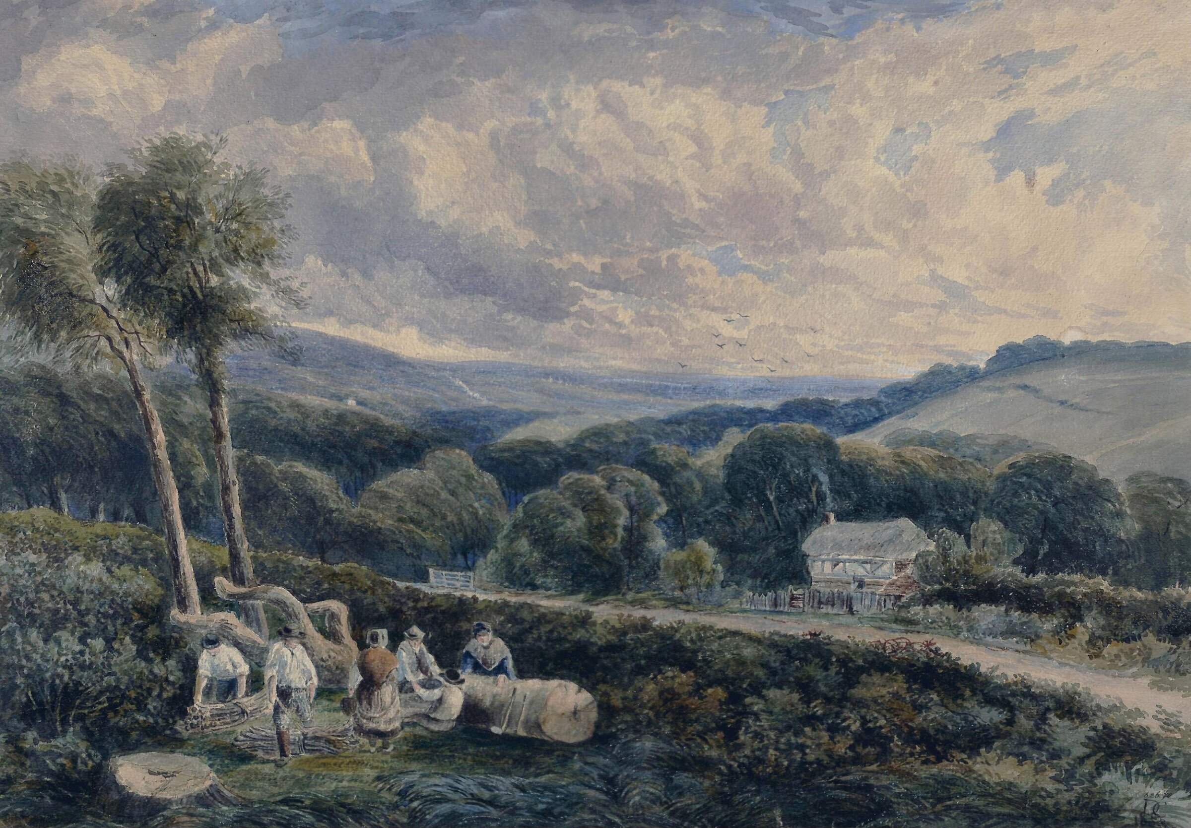 Landscape with cottage - labourers binding cordwood, David Cox the younger, 1853
