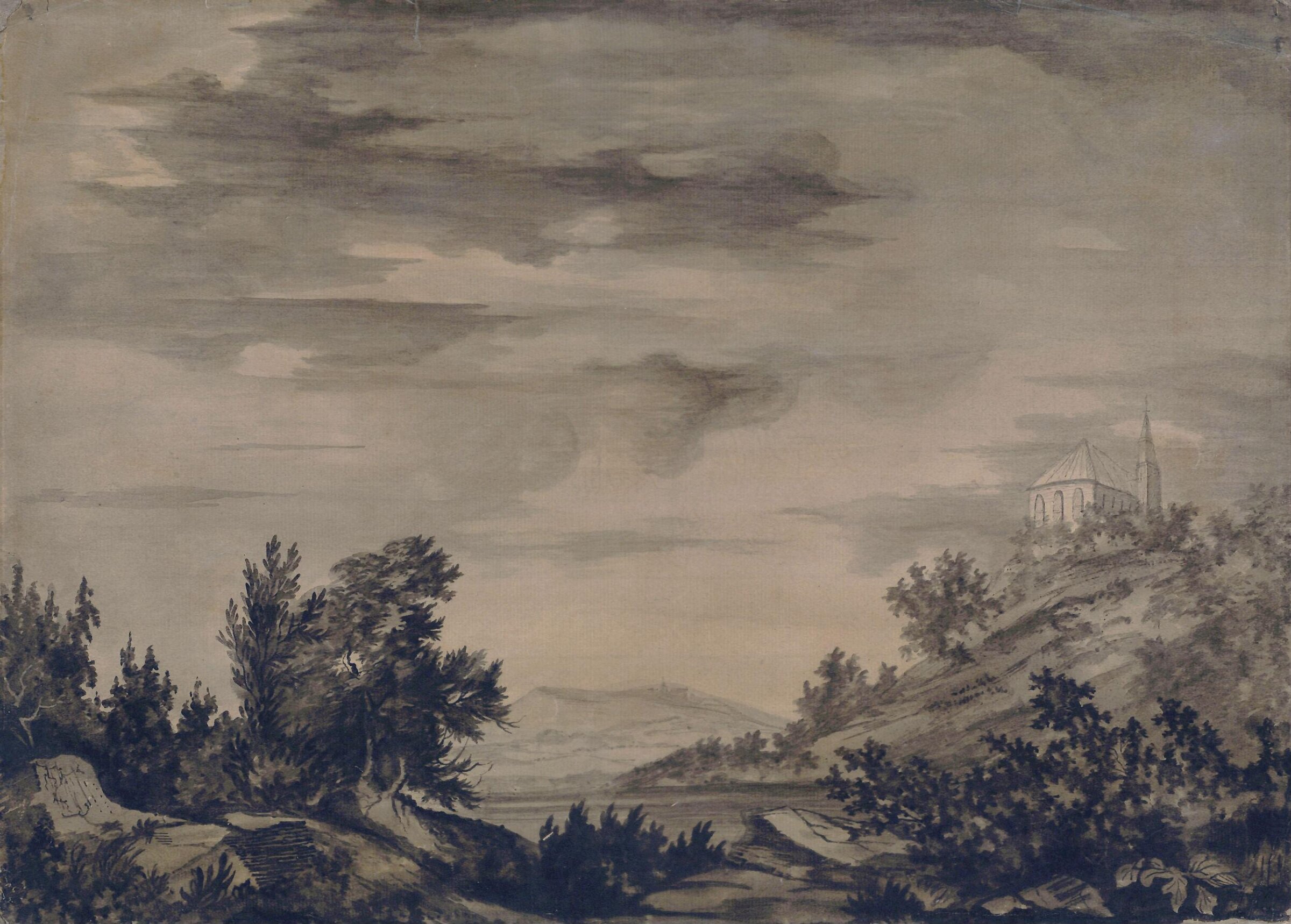 Hilly landscape with a church, Alexander Cozens, 18th century
