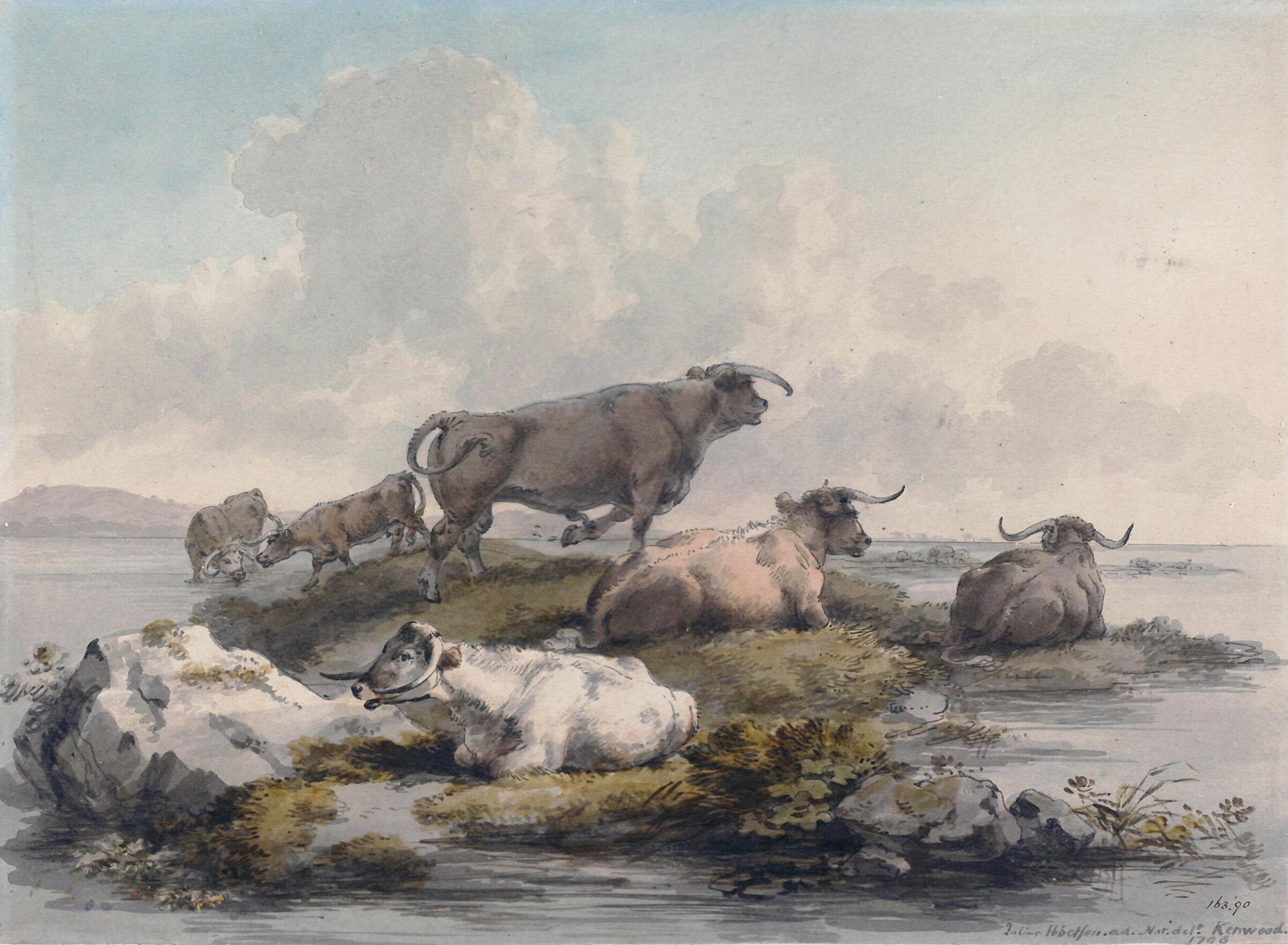 Cattle on rocky ground surrounded by water, Ibbetson, 1796