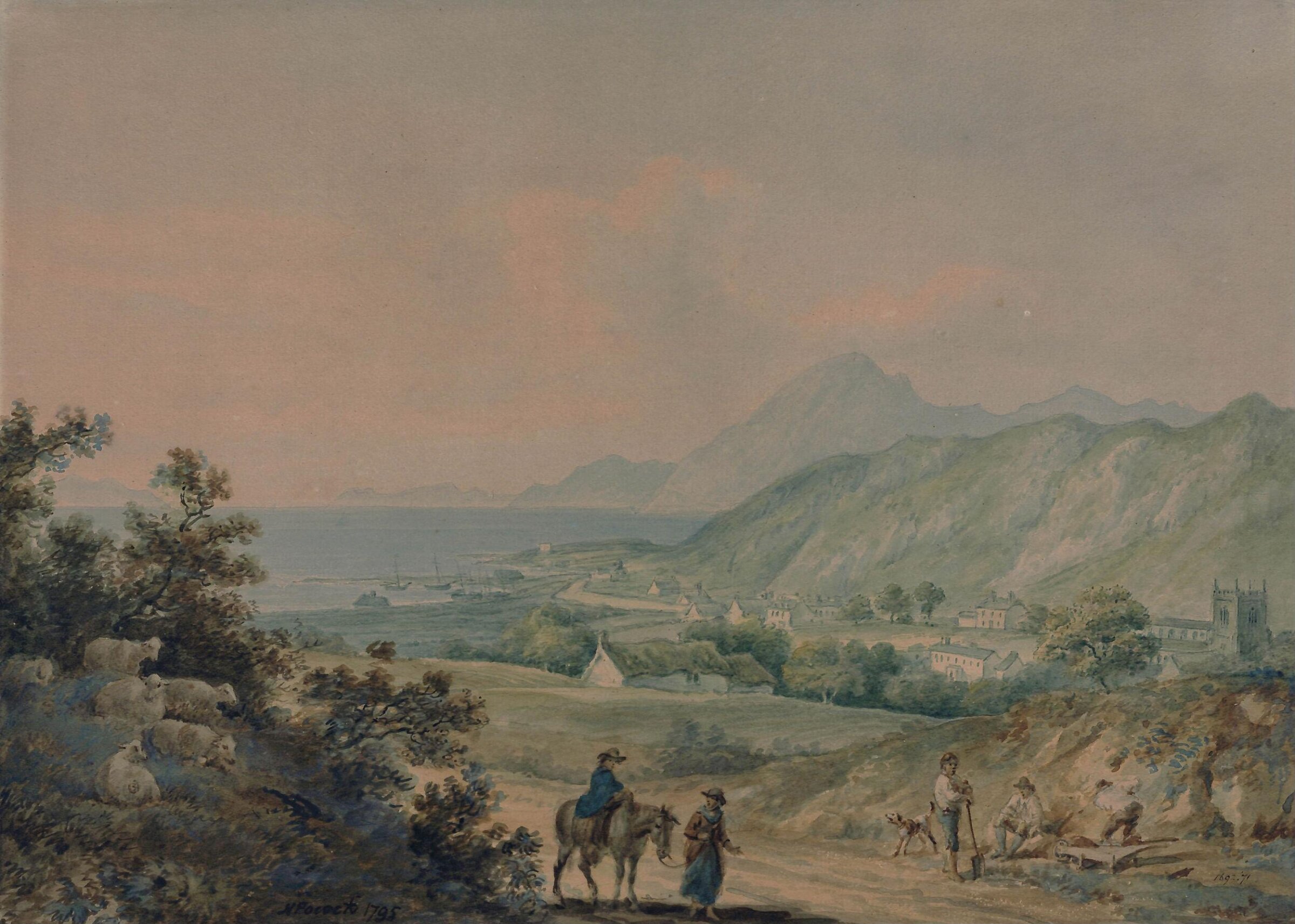 Bangor, with Penmaenmawr in the distance, Nicholas Pocock, 1795