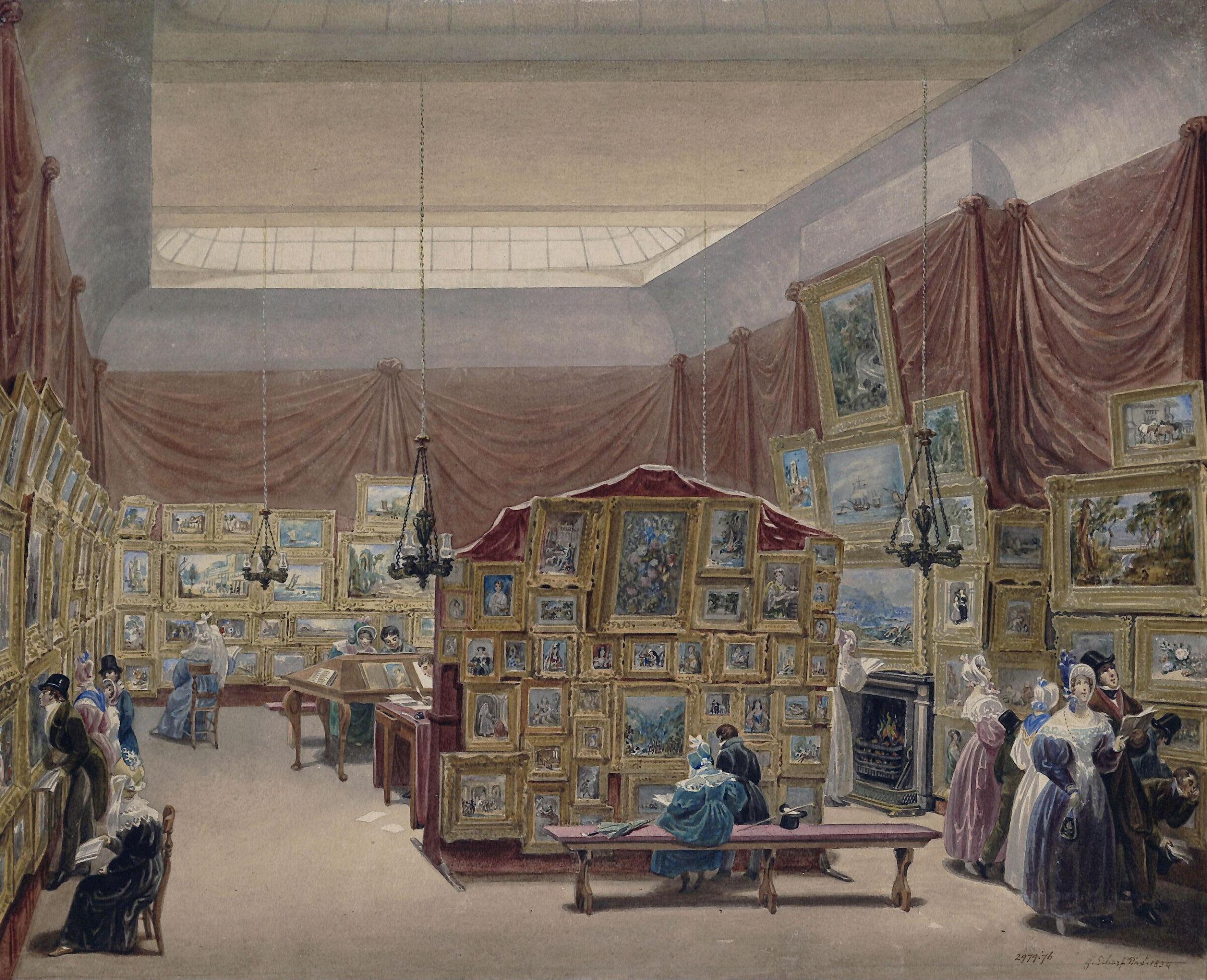 Interior of the Gallery of the New Society of Painters in Watercolours, Old Bond Street, George Scharf, 1834