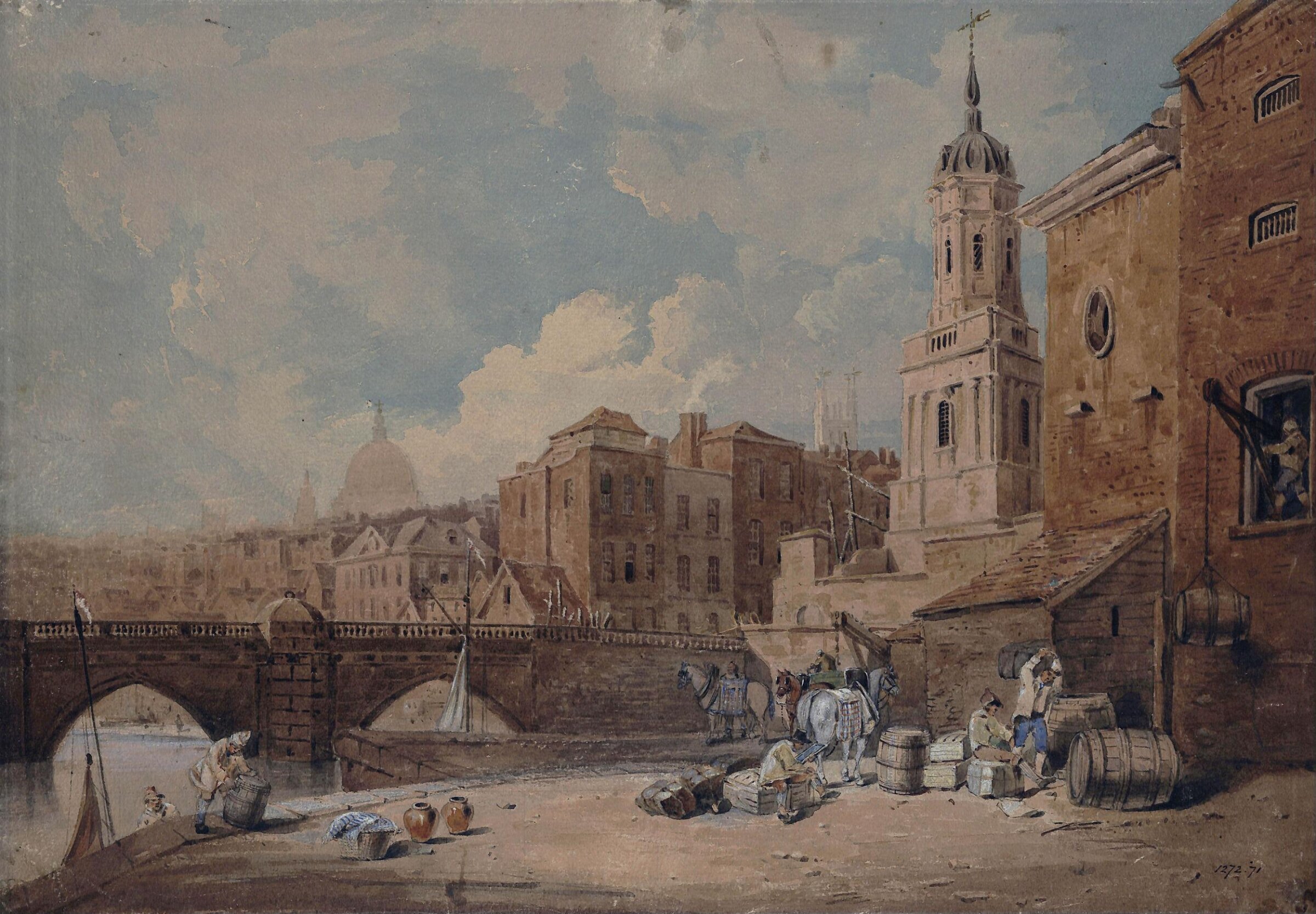 Part of Old London Bridge, with St. Magnus's Church, John Thirtle, 1800-1839