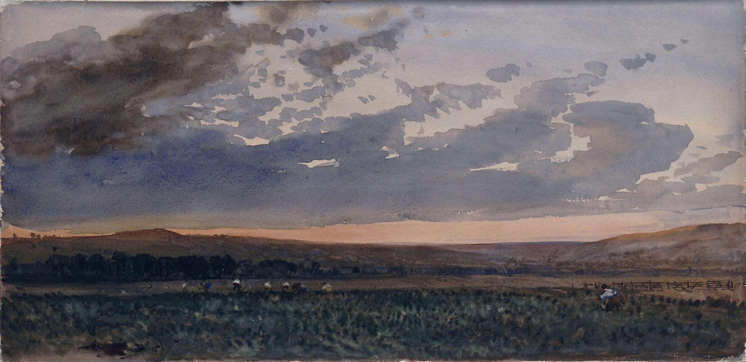 Landscape with rustics working: evening effect, William Roxby Beverley, 1830-80