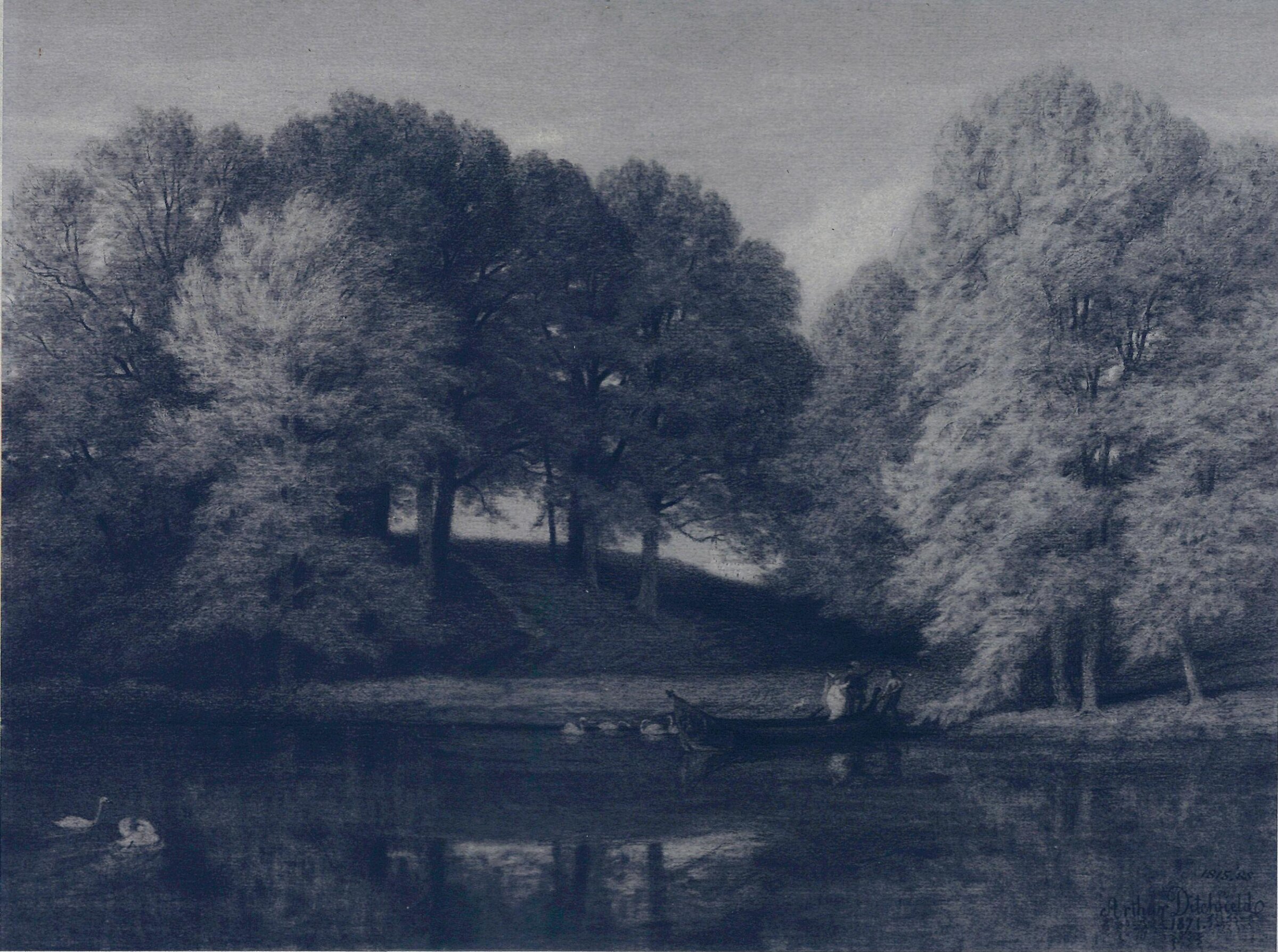 Landscape with boat and swans, Arthur Ditchfield, 1871