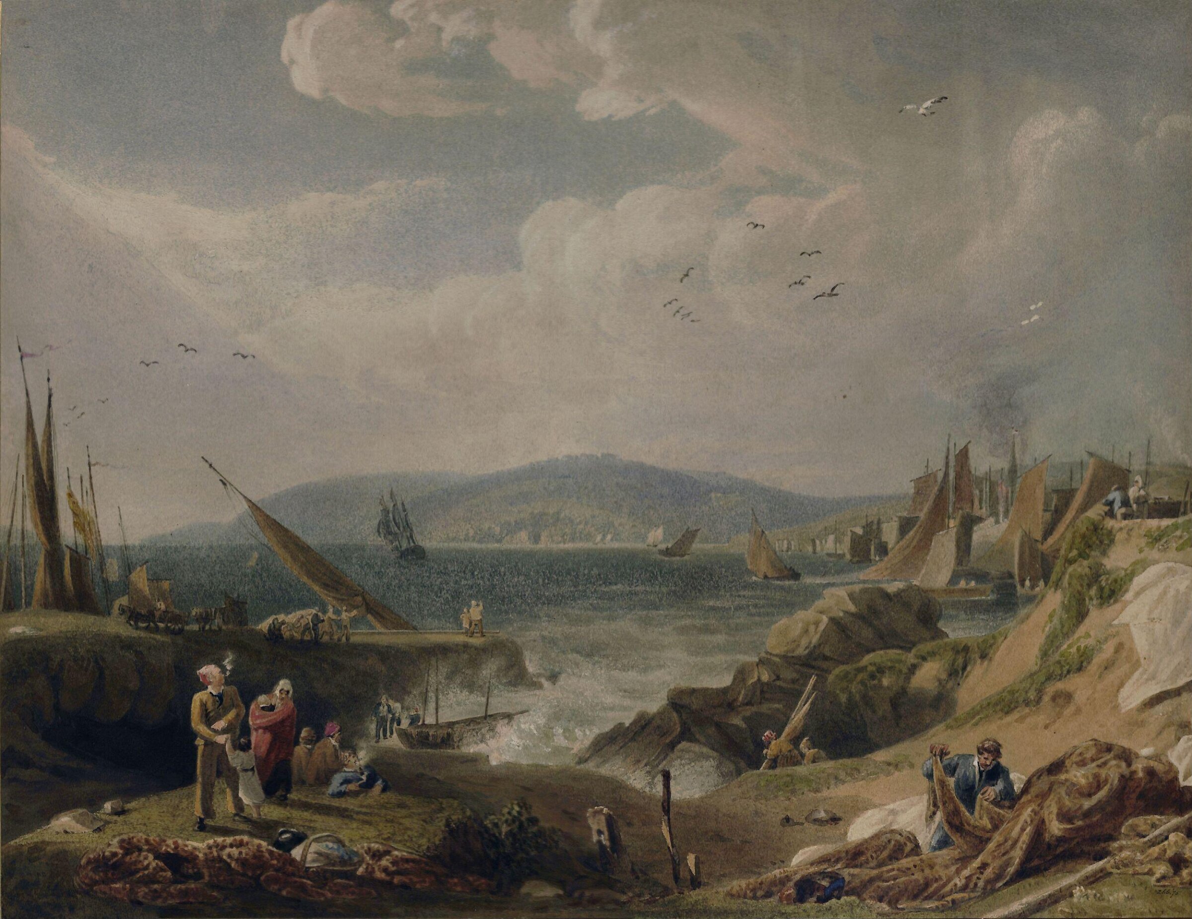 Fishermen and boats near Edgecumbe, Cornwall, Dorrell, ca. 1800-59