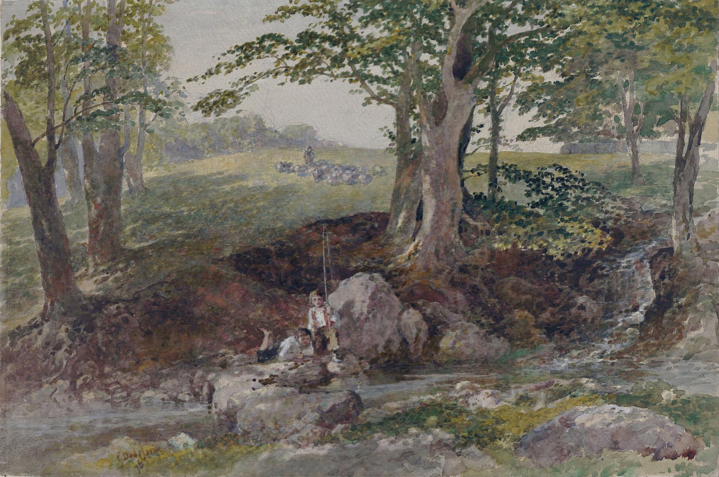 'The Bite', two boys fishing beside a brook, George Haydock Dodgson, 1870