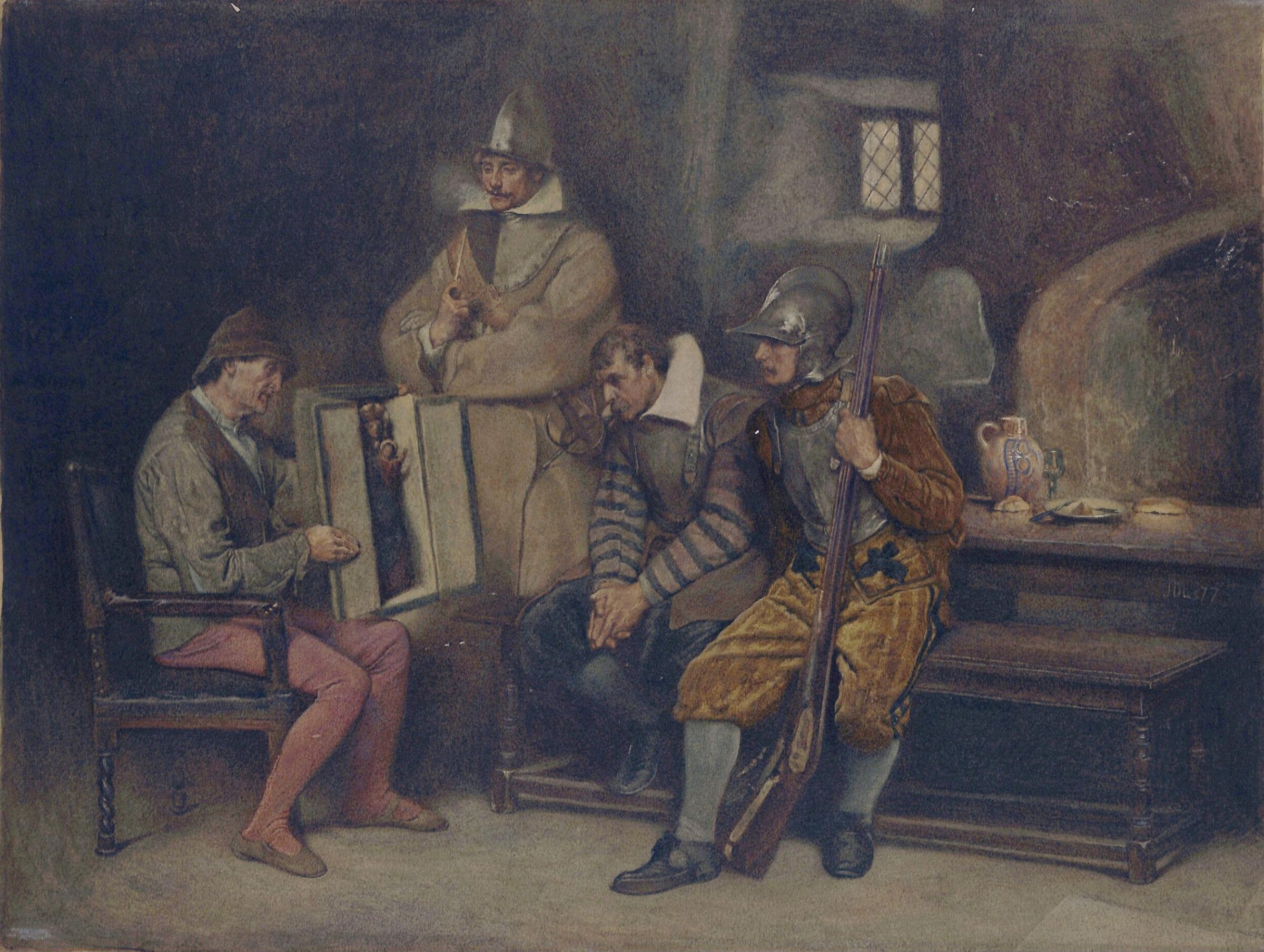 The Reliquary : An old man exhibiting a group of the Virgin and Child to Spanish soldiers, James Dromgole Linton, 1877