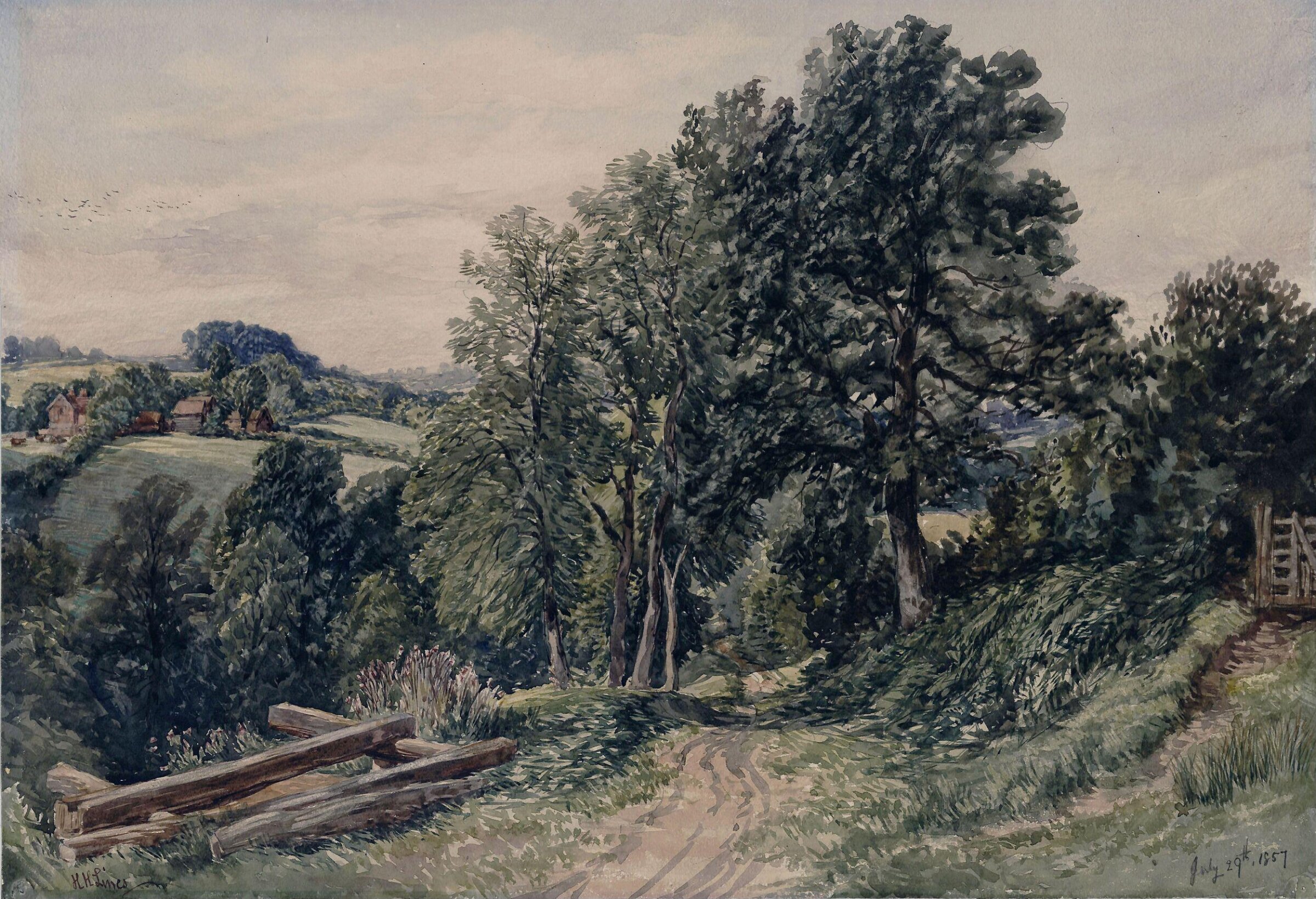 Landscape and cottages, with sawpit, Tedstone, Herefordshire, Henry Harris Lines, 1857