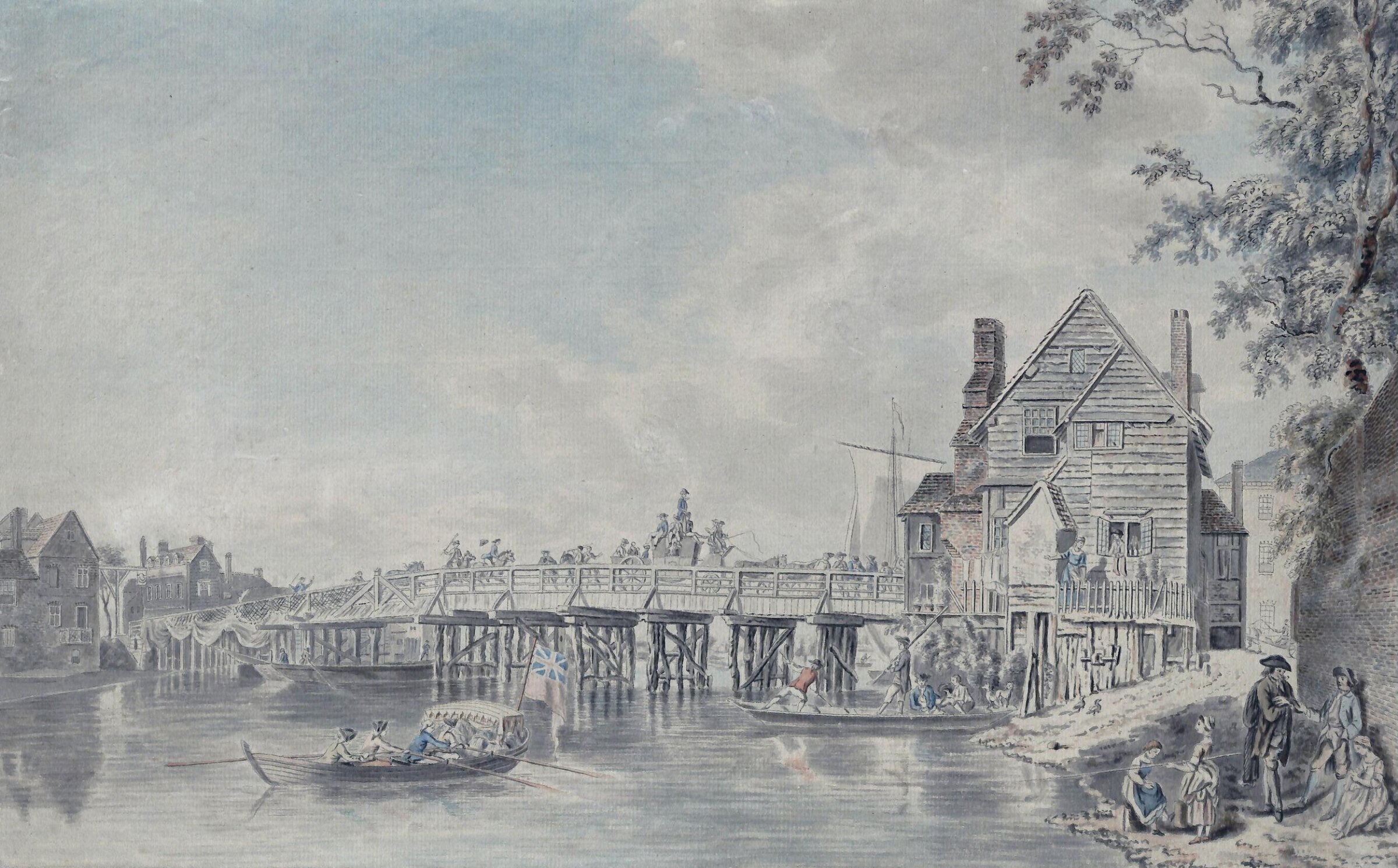 Old bridge at Windsor, coach and horsemen crossing, and a barge passing under, Paul Sandby, 18th century