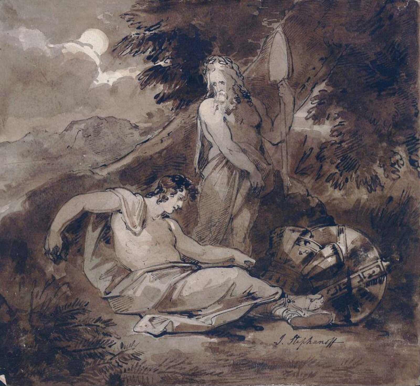Two classical figures in a moonlit landscape, James Stephanoff, 19th century
