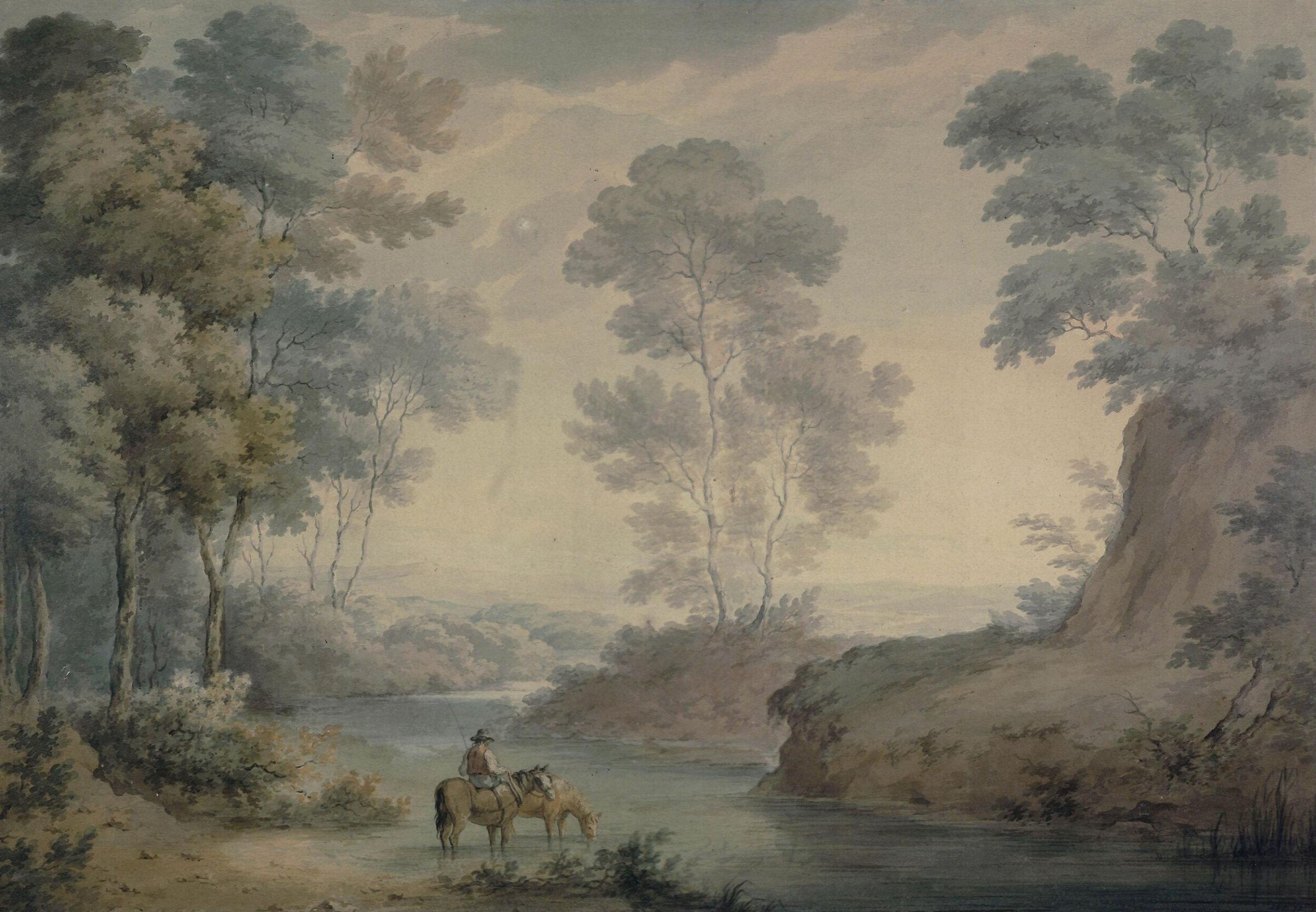 Landscape with river and horses watering, George Barret, ca. 1750-84