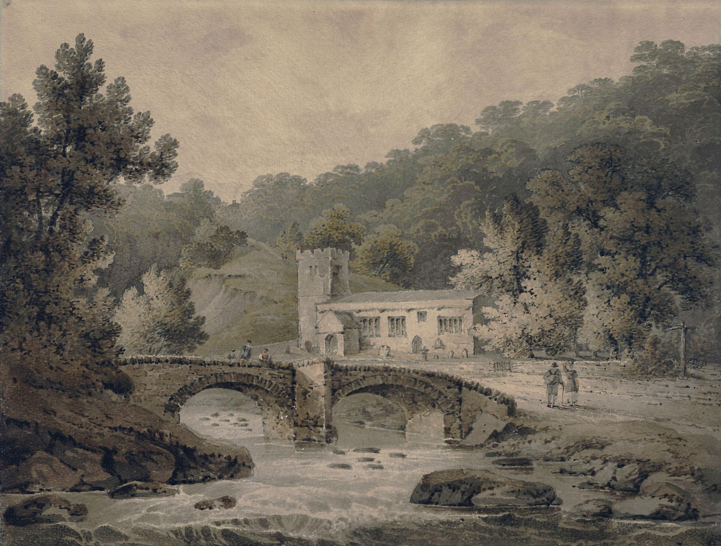 Church and bridge at Hubberholme, Yorkshire, James Bourne, ca. 1800-50