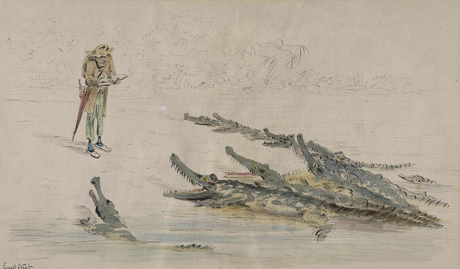 A traveller confronted by crocodiles, Ernest Griset, second half of the 19th century