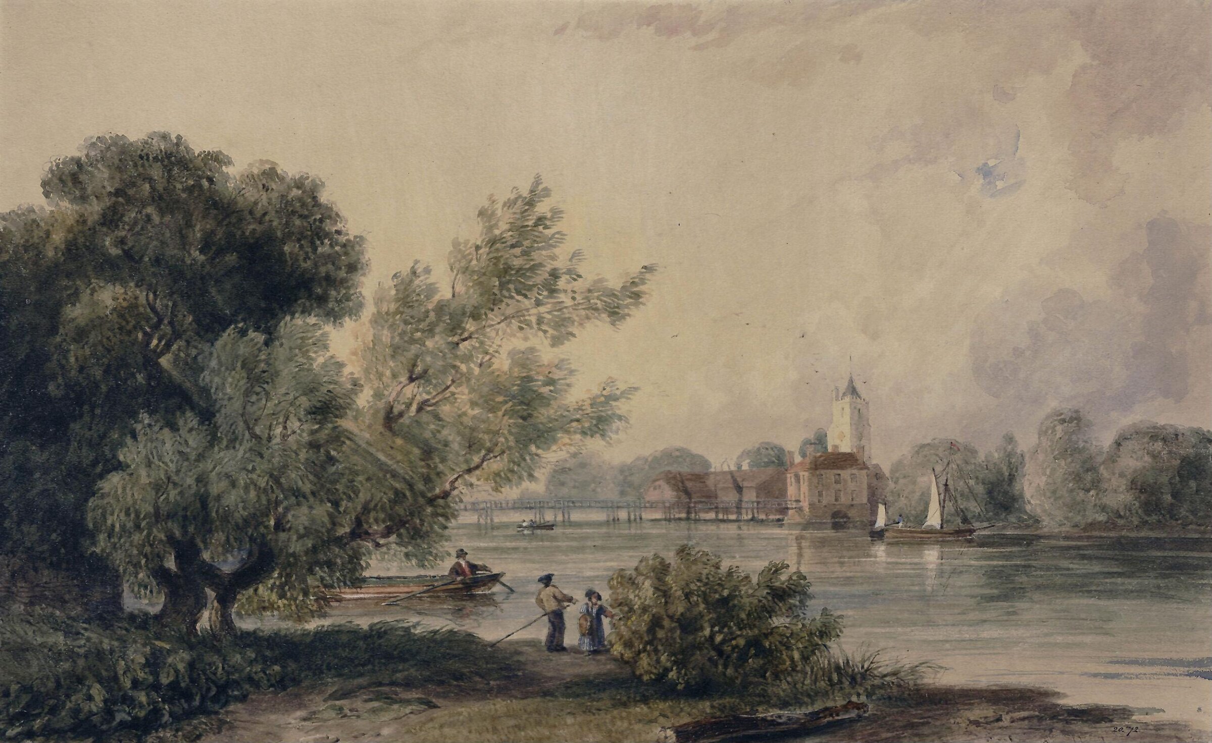 Fulham Church and Putney Old Bridge, George Harley, 1837