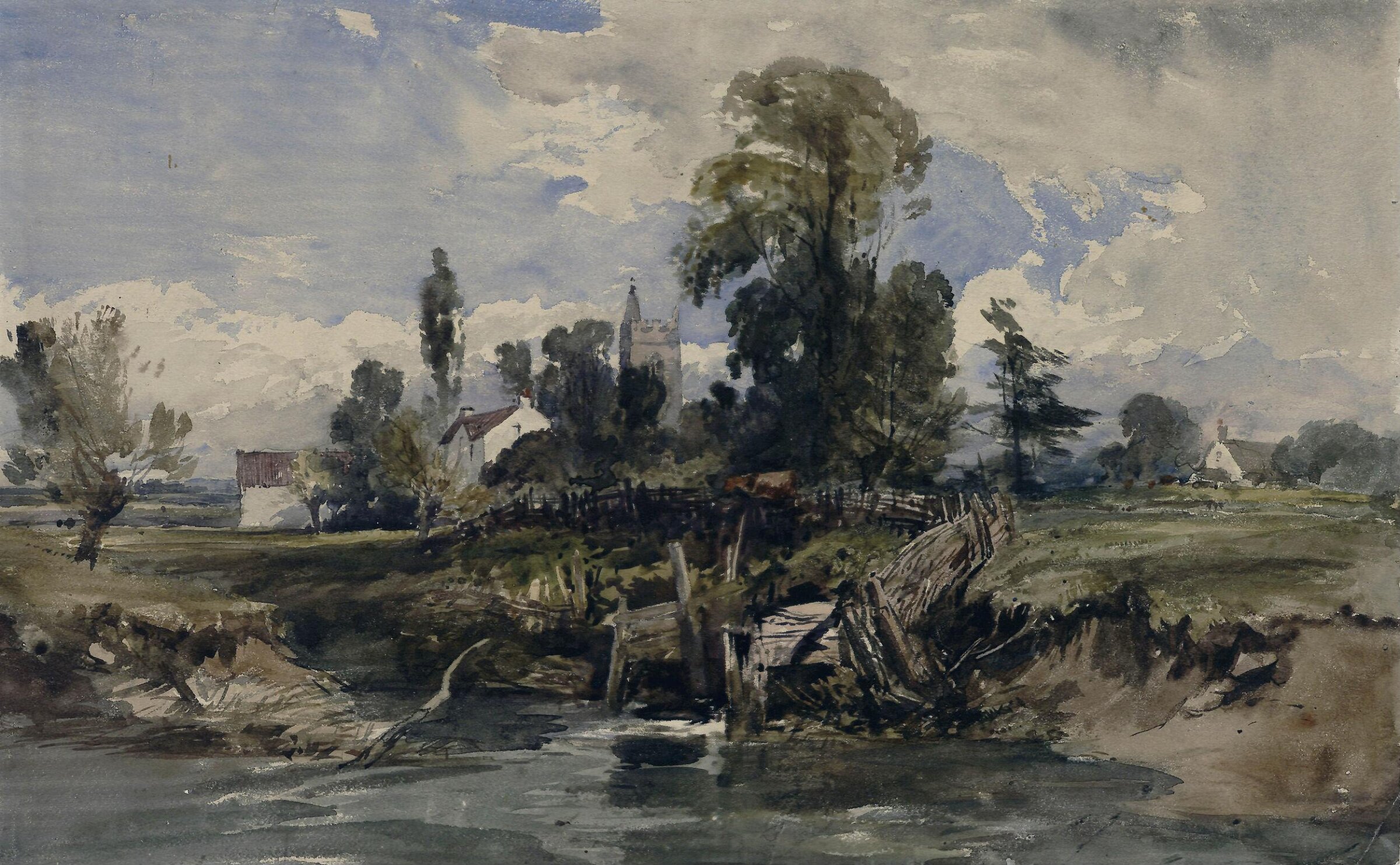 Landscape; with church and houses, Muller, 19th century