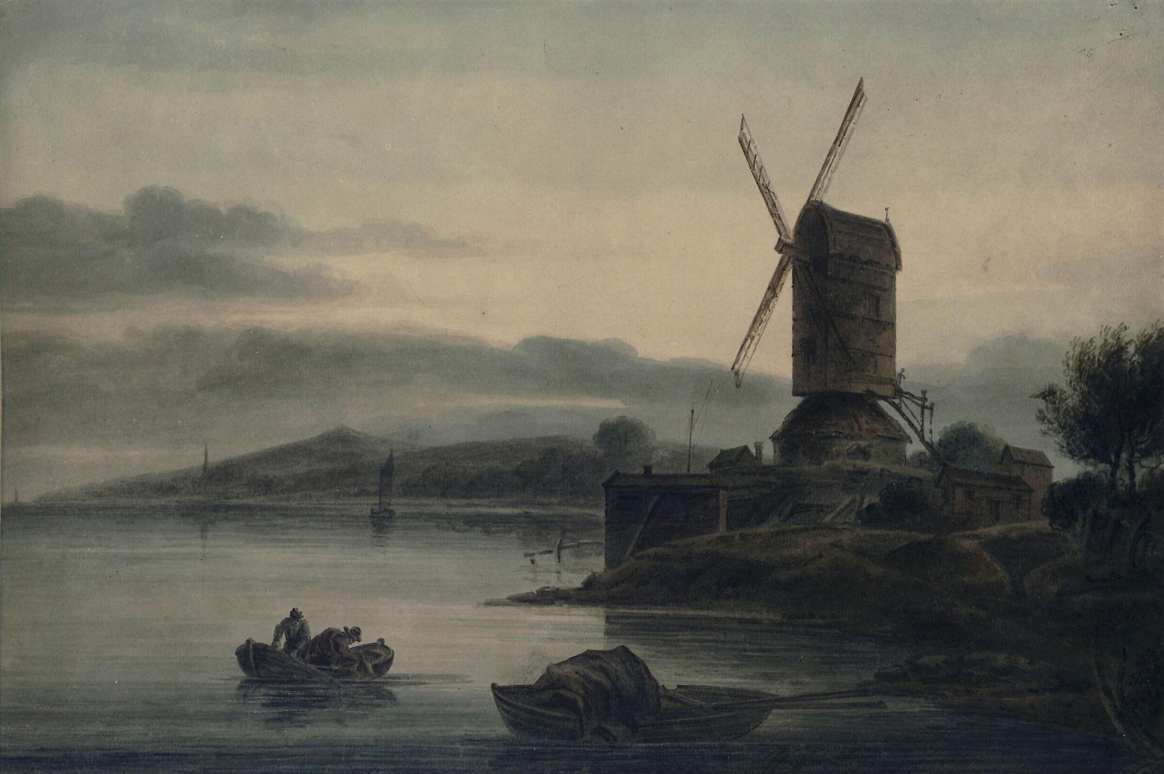 River scene with a windmill, William P. Sherlock, ca. 1800-1820