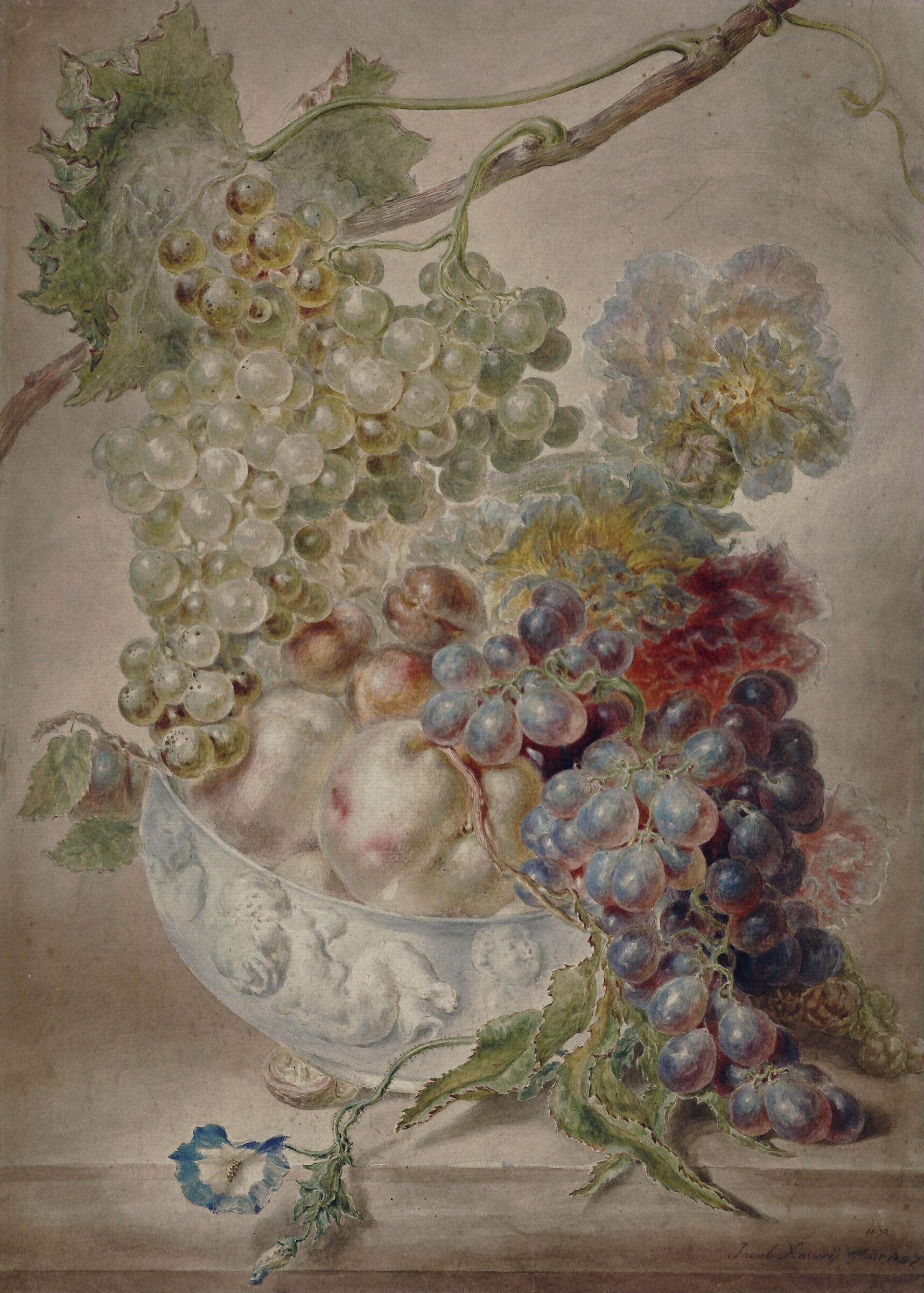 A vase of fruit and a vine branch, Jacob Xavery, 1757
