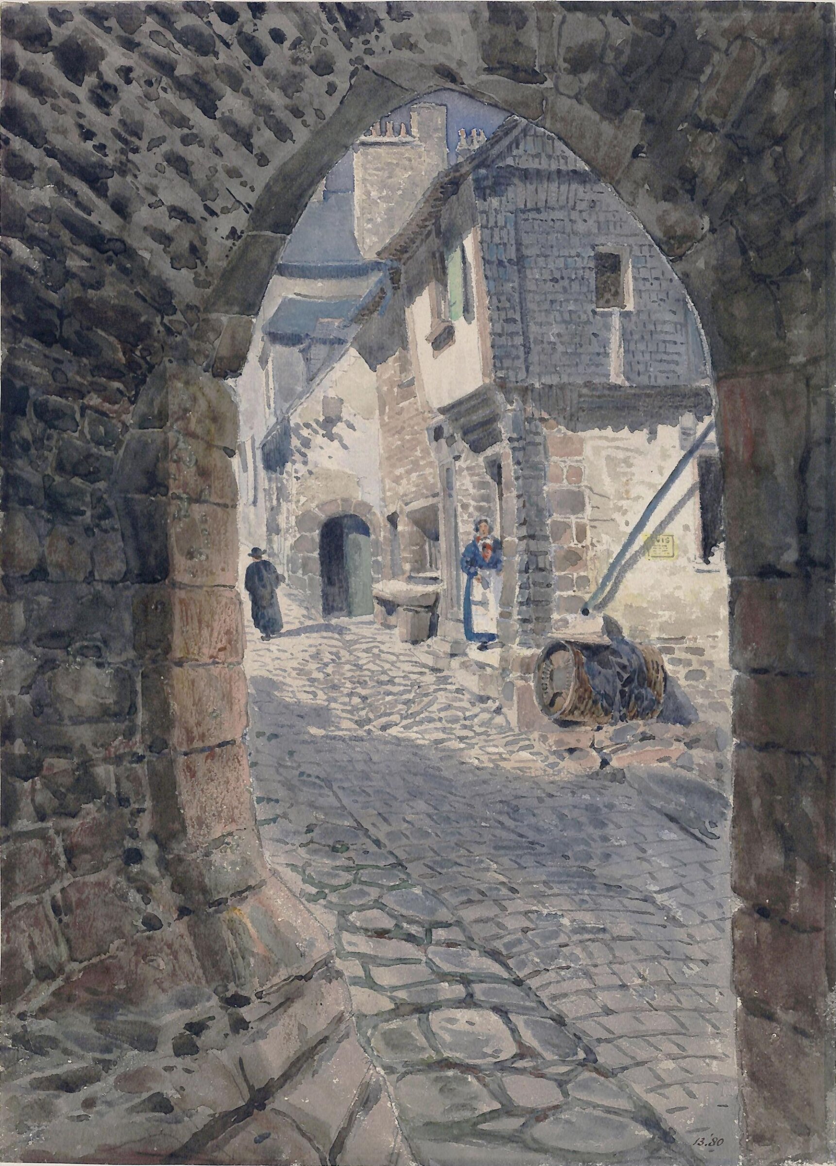 Gateway and houses at Mont St. Michel, Normandy, Walter Paris, late 19th century